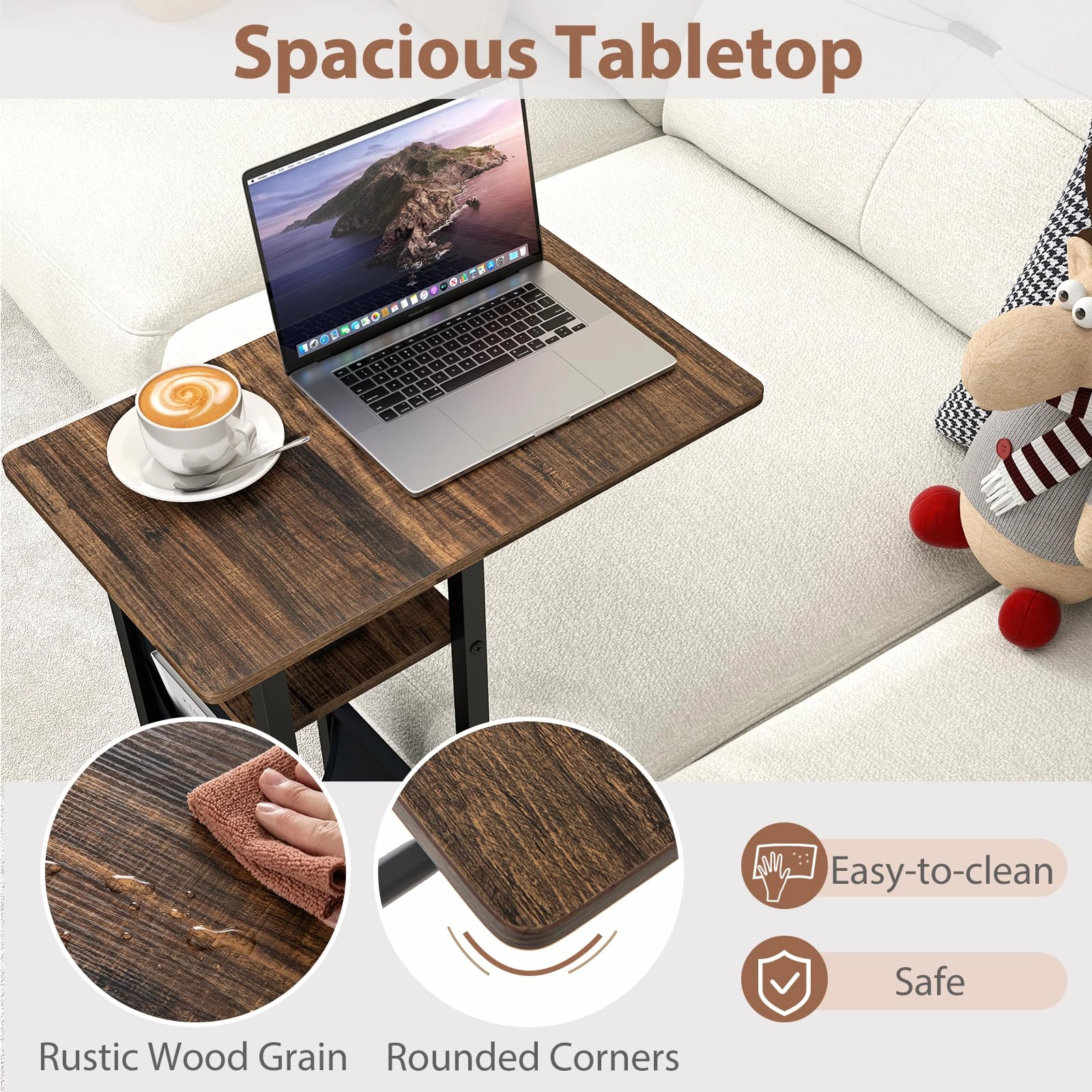 Giantex C Shaped End Table with Charging Station and Wheels
