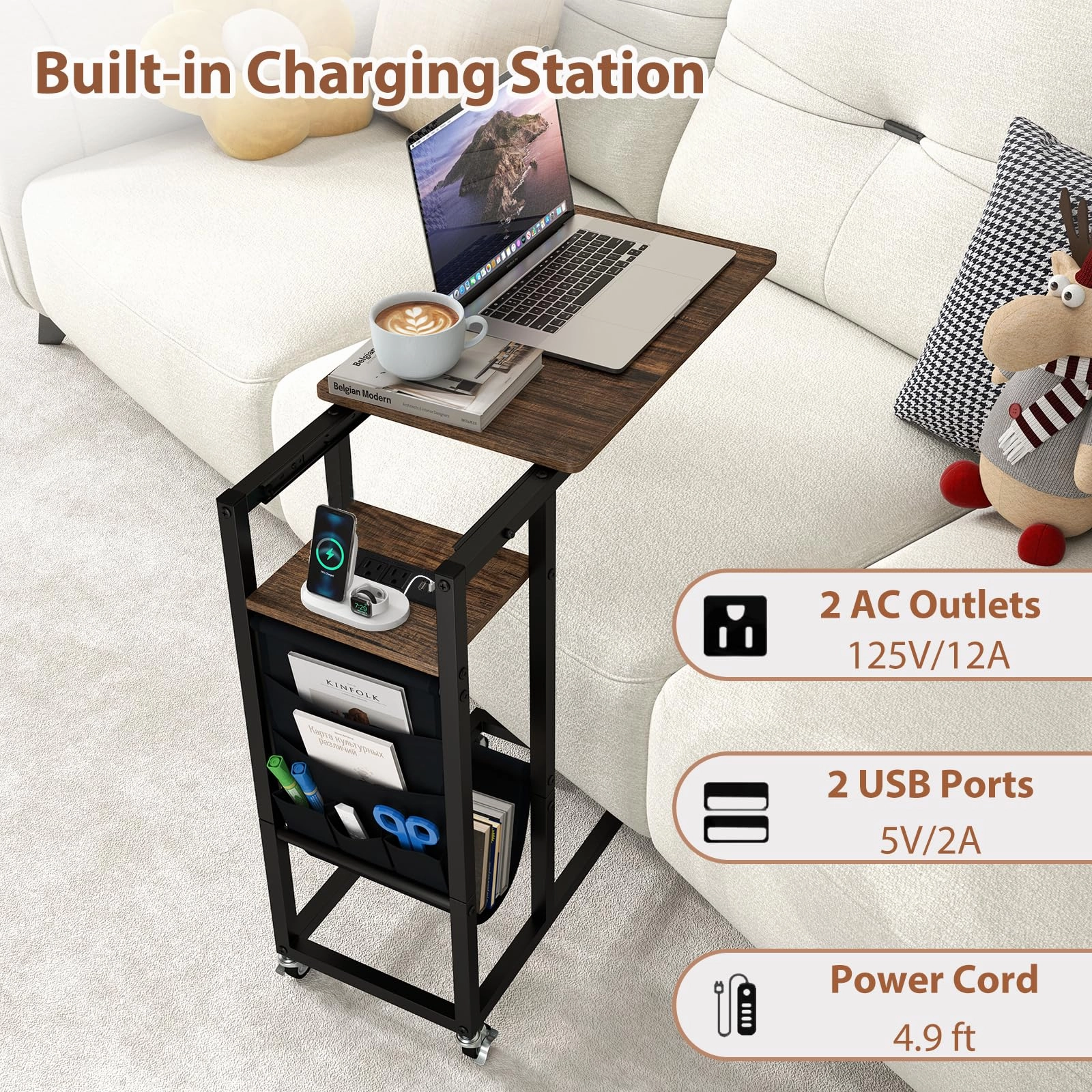 Giantex C Shaped End Table with Charging Station and Wheels