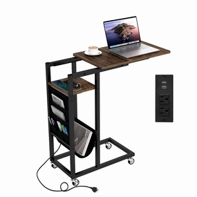 Giantex C Shaped End Table with Charging Station and Wheels entry bench, mudroom storage