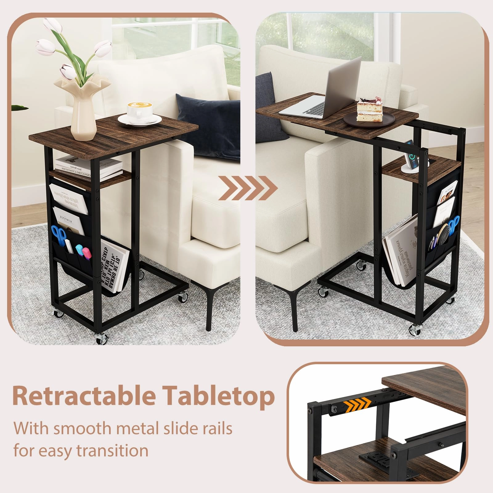 Giantex C Shaped End Table with Charging Station and Wheels