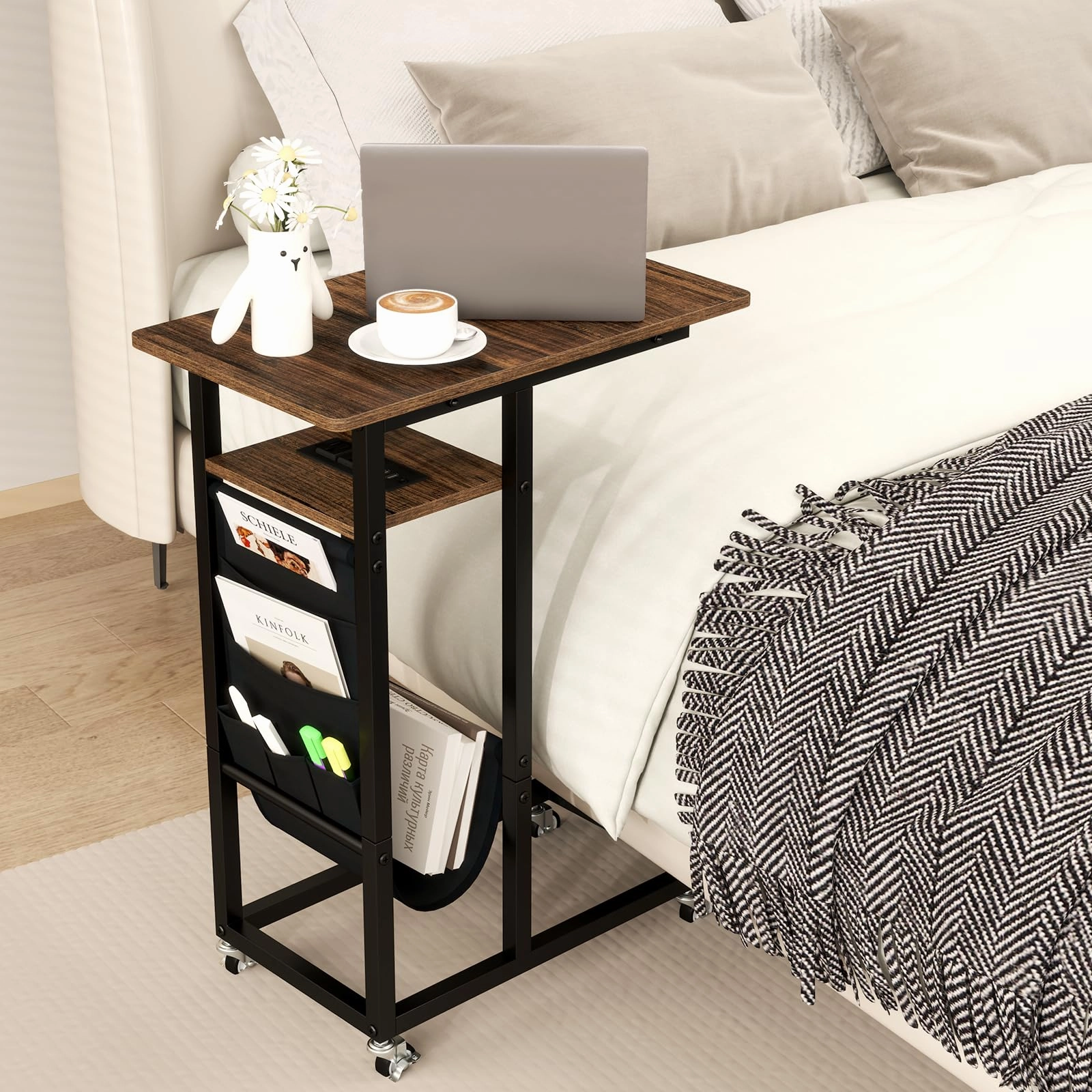 Giantex C Shaped End Table with Charging Station and Wheels