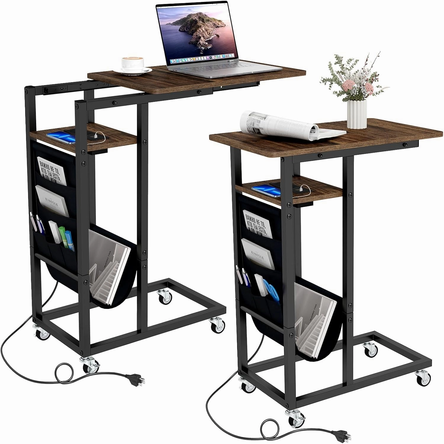 Giantex C Shaped End Table with Charging Station and Wheels