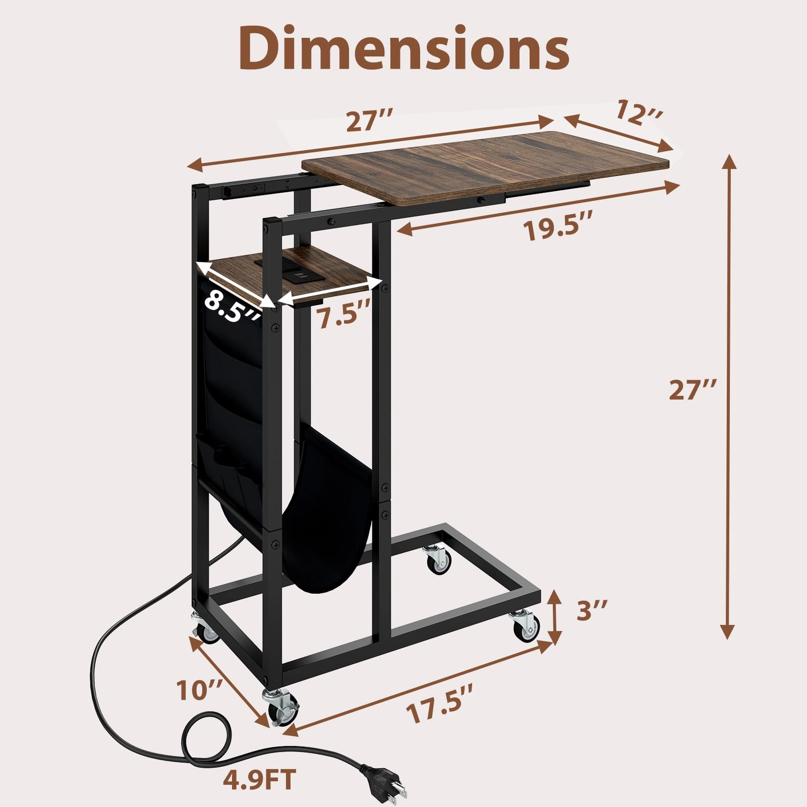 Giantex C Shaped End Table with Charging Station and Wheels