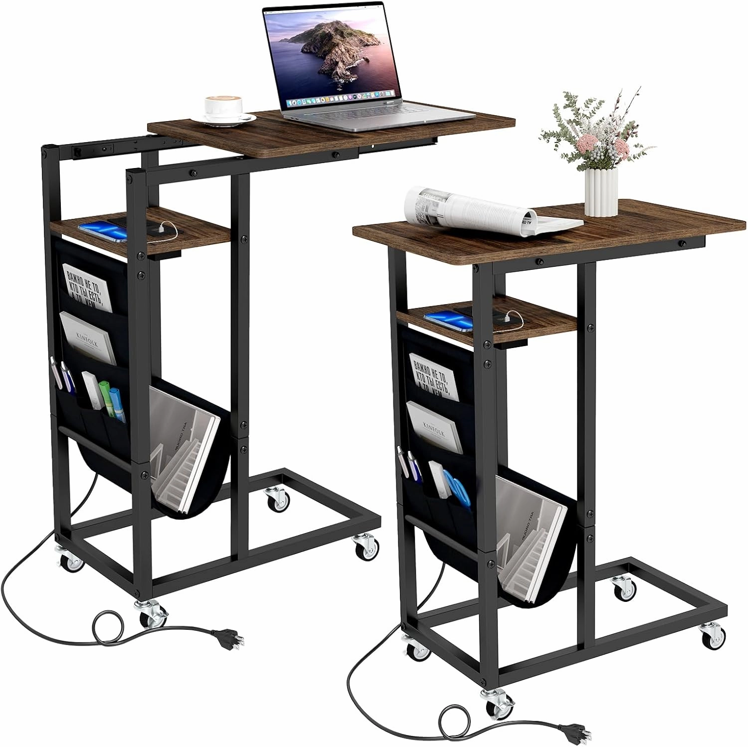 Giantex C Shaped End Table with Charging Station and Wheels