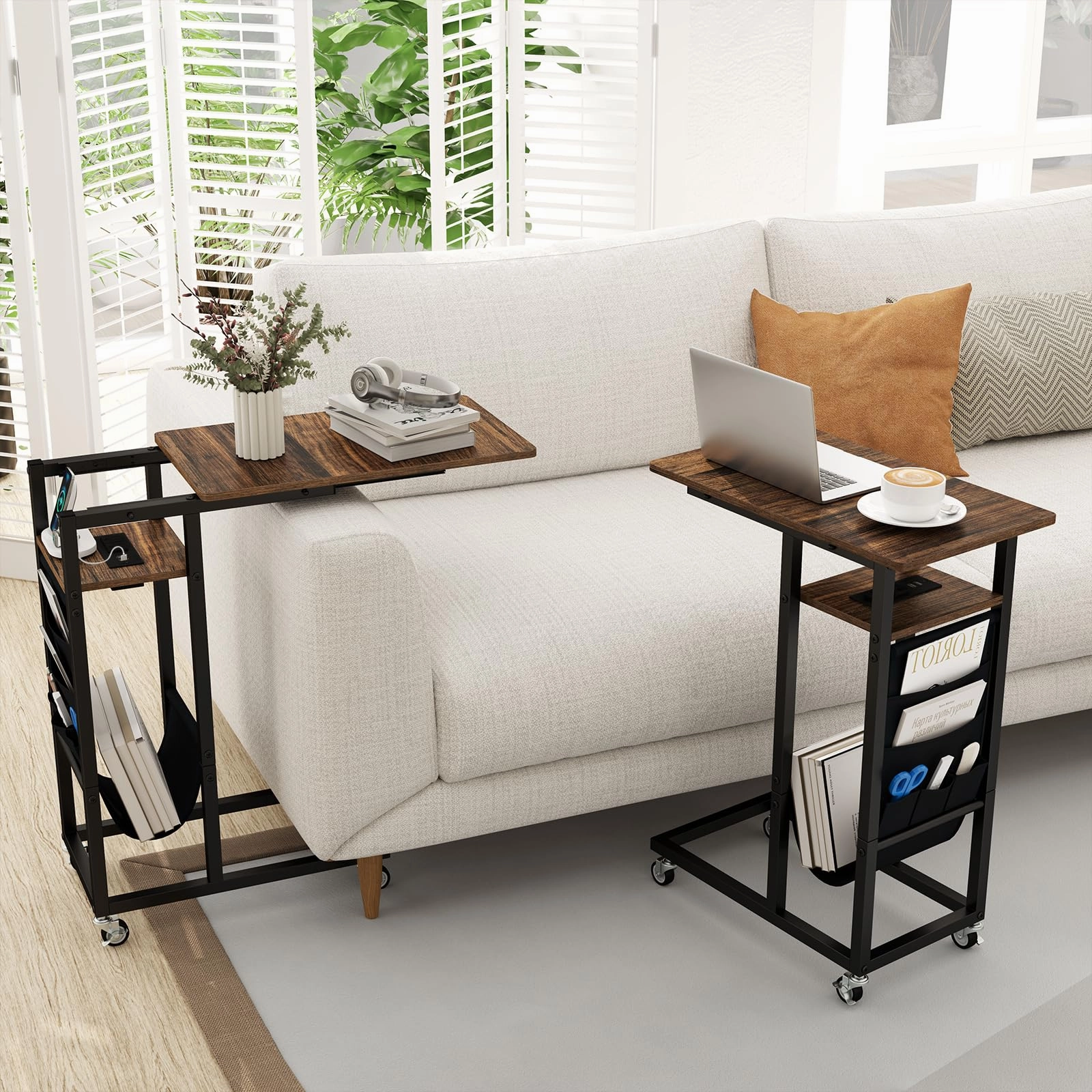Giantex C Shaped End Table with Charging Station and Wheels