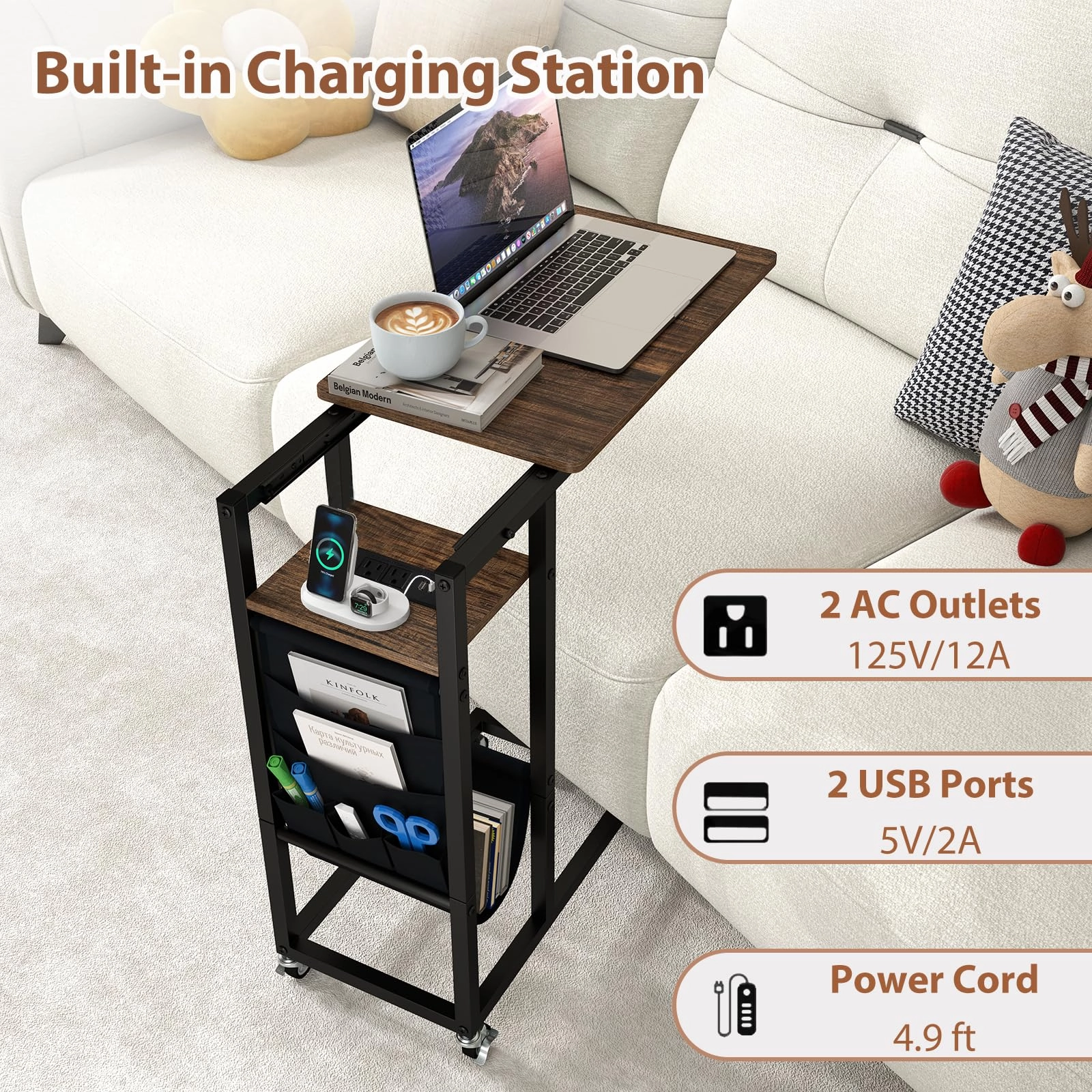 Giantex C Shaped End Table with Charging Station and Wheels