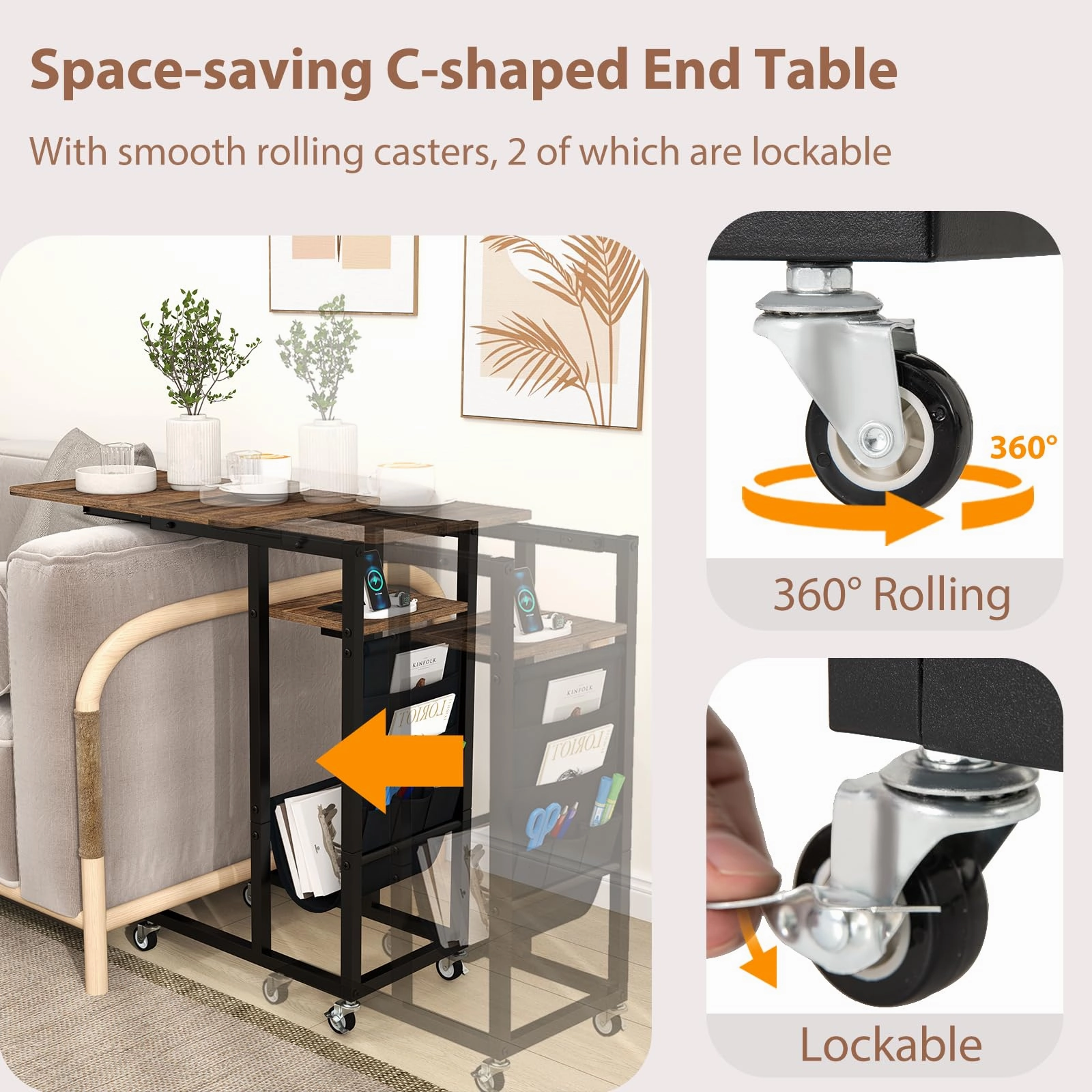 Giantex C Shaped End Table with Charging Station and Wheels