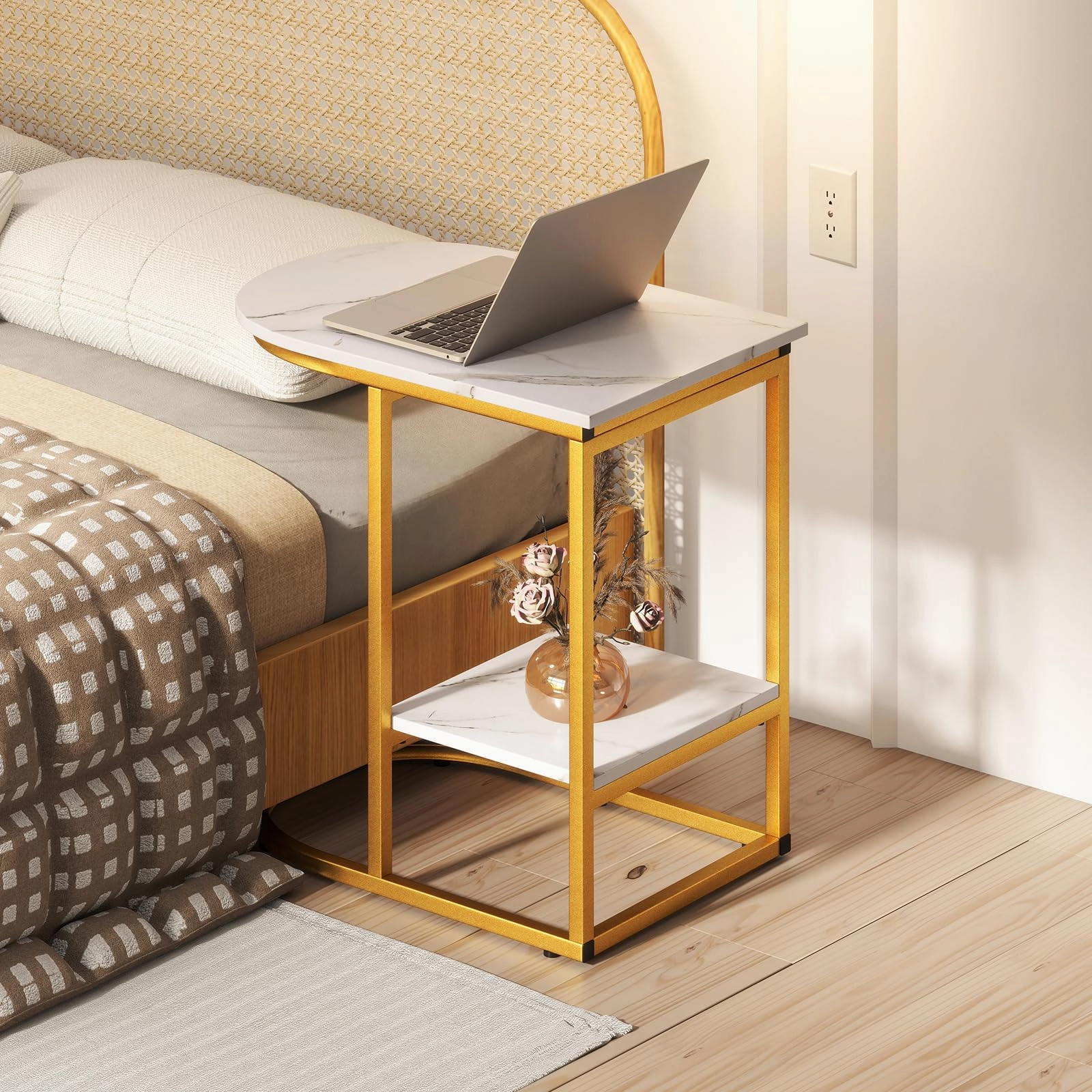 Giantex C Shaped End Table with Faux Marble Tabletop and Storage Shelf