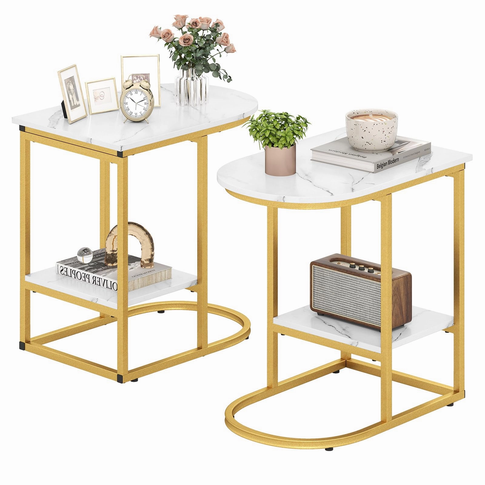 Giantex C Shaped End Table with Faux Marble Tabletop and Storage Shelf