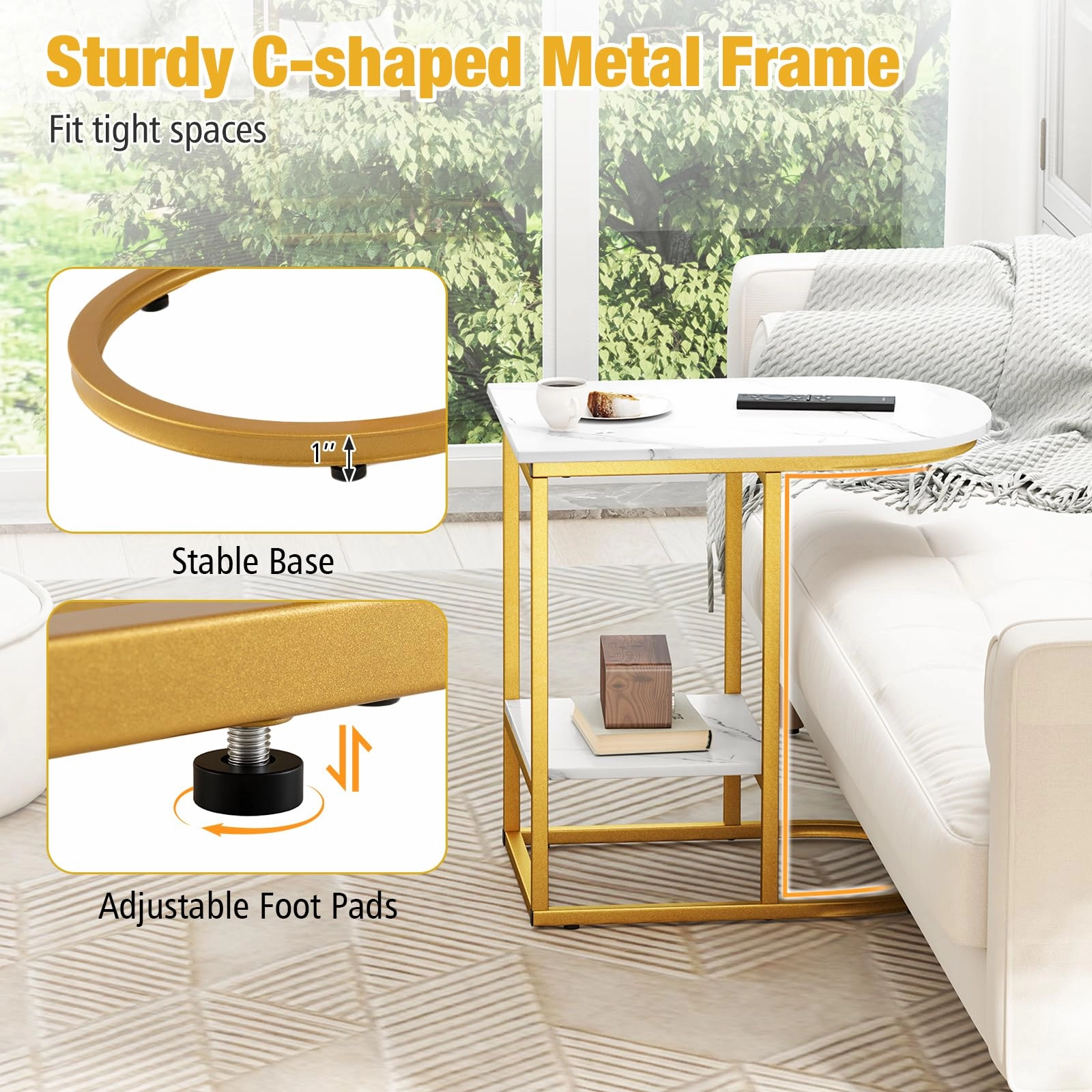 Giantex C Shaped End Table with Faux Marble Tabletop and Storage Shelf