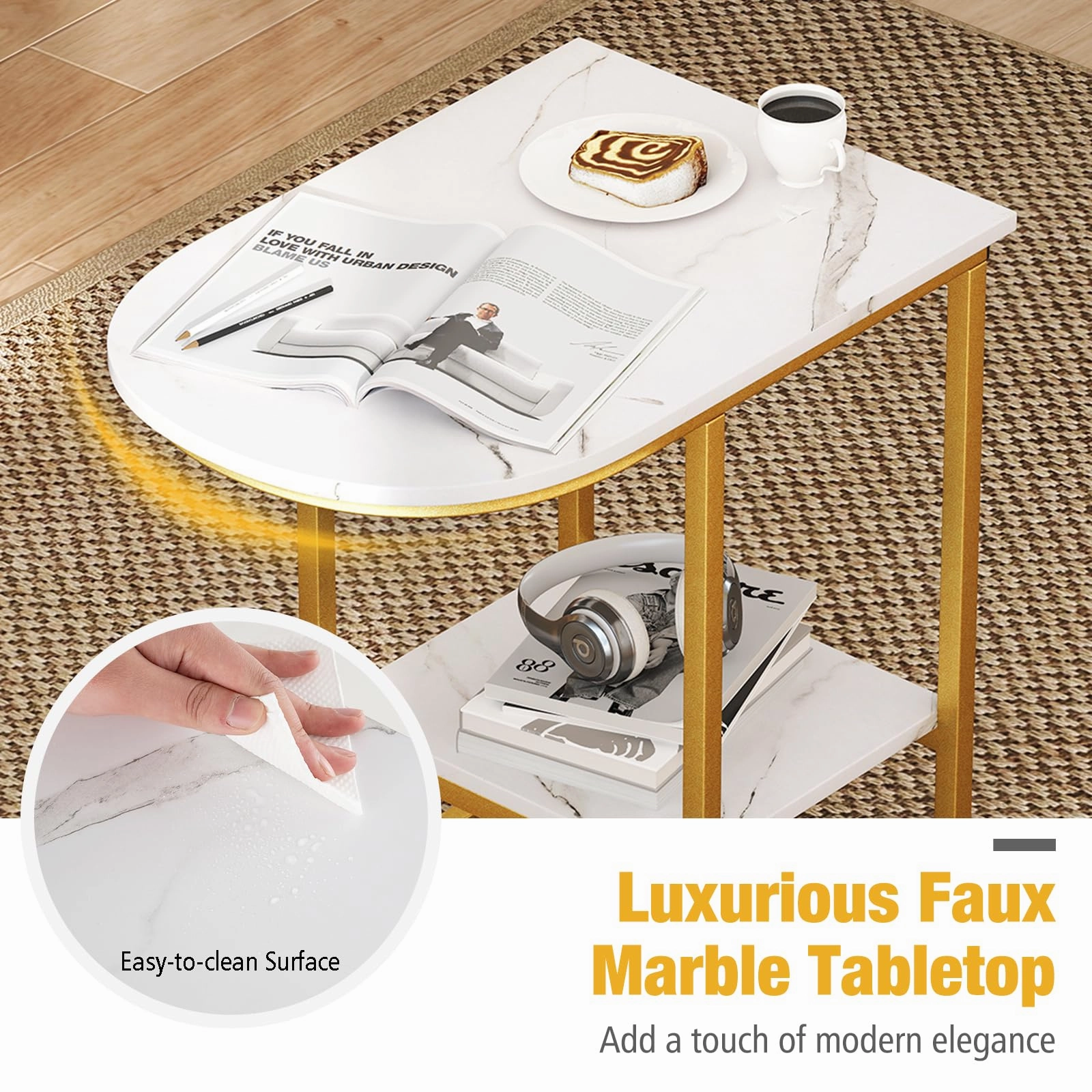 Giantex C Shaped End Table with Faux Marble Tabletop and Storage Shelf
