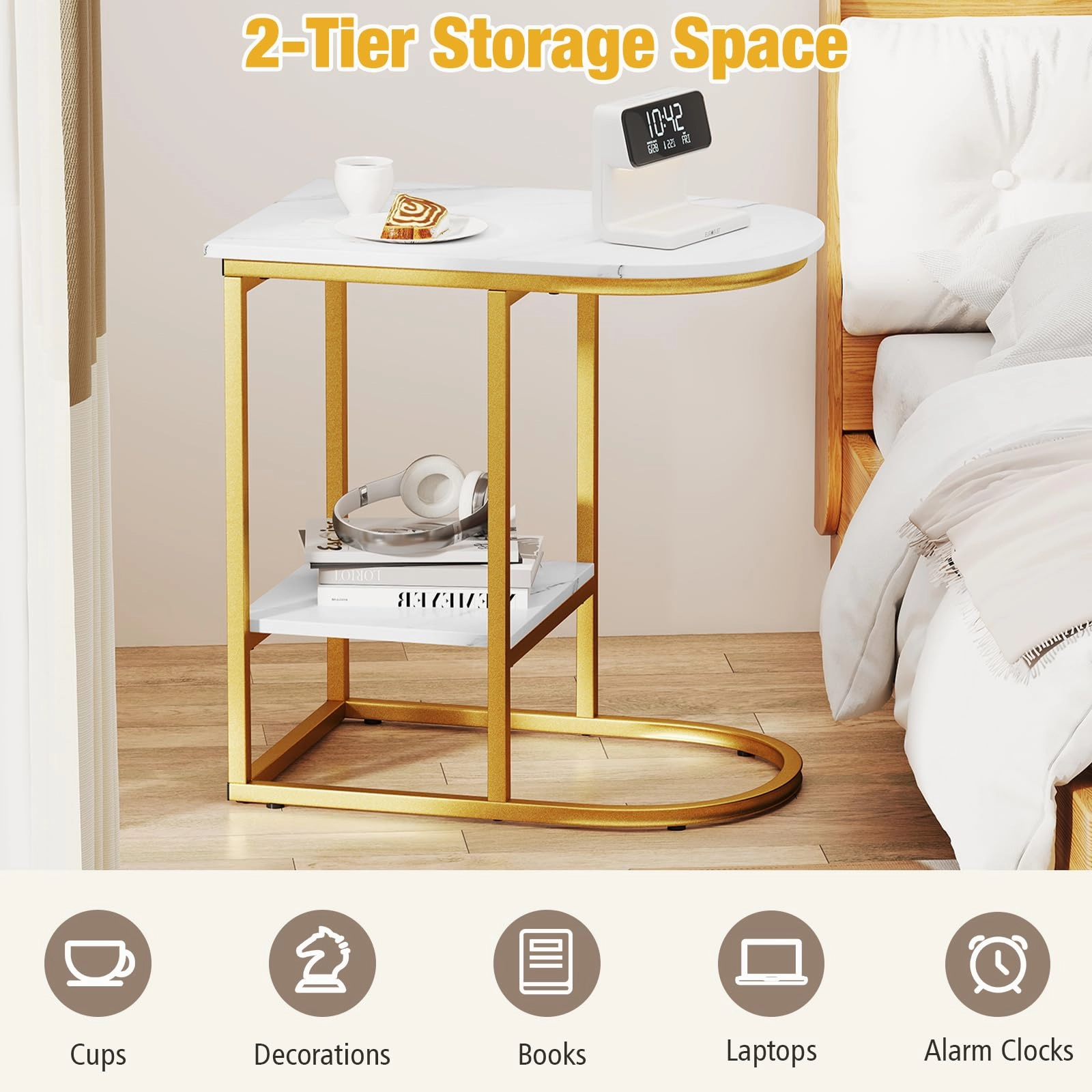 Giantex C Shaped End Table with Faux Marble Tabletop and Storage Shelf