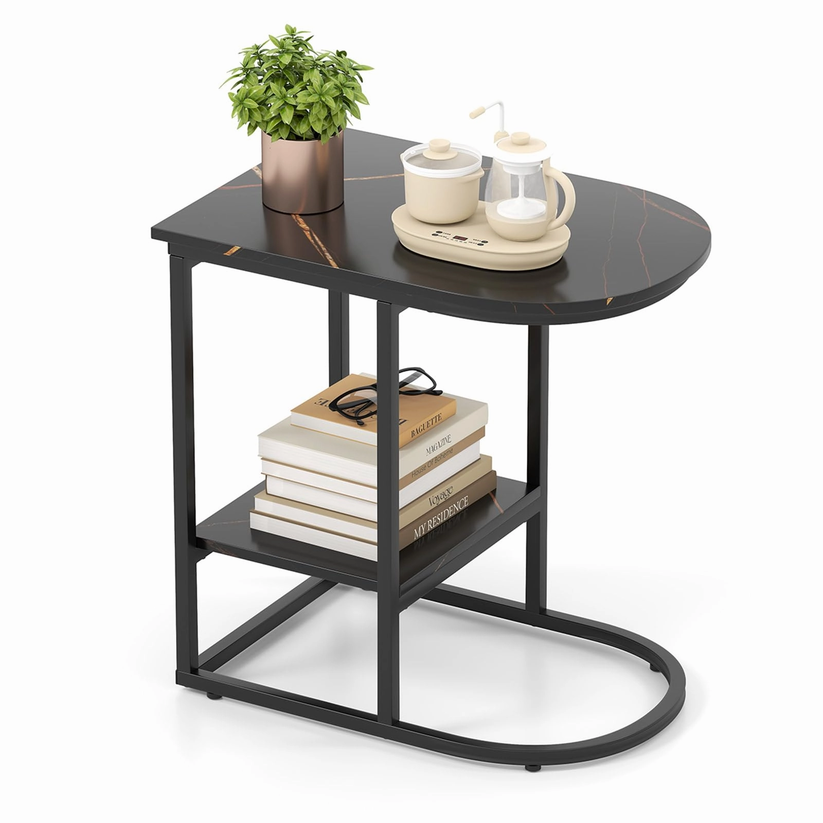 Giantex C Shaped End Table with Faux Marble Tabletop and Storage Shelf