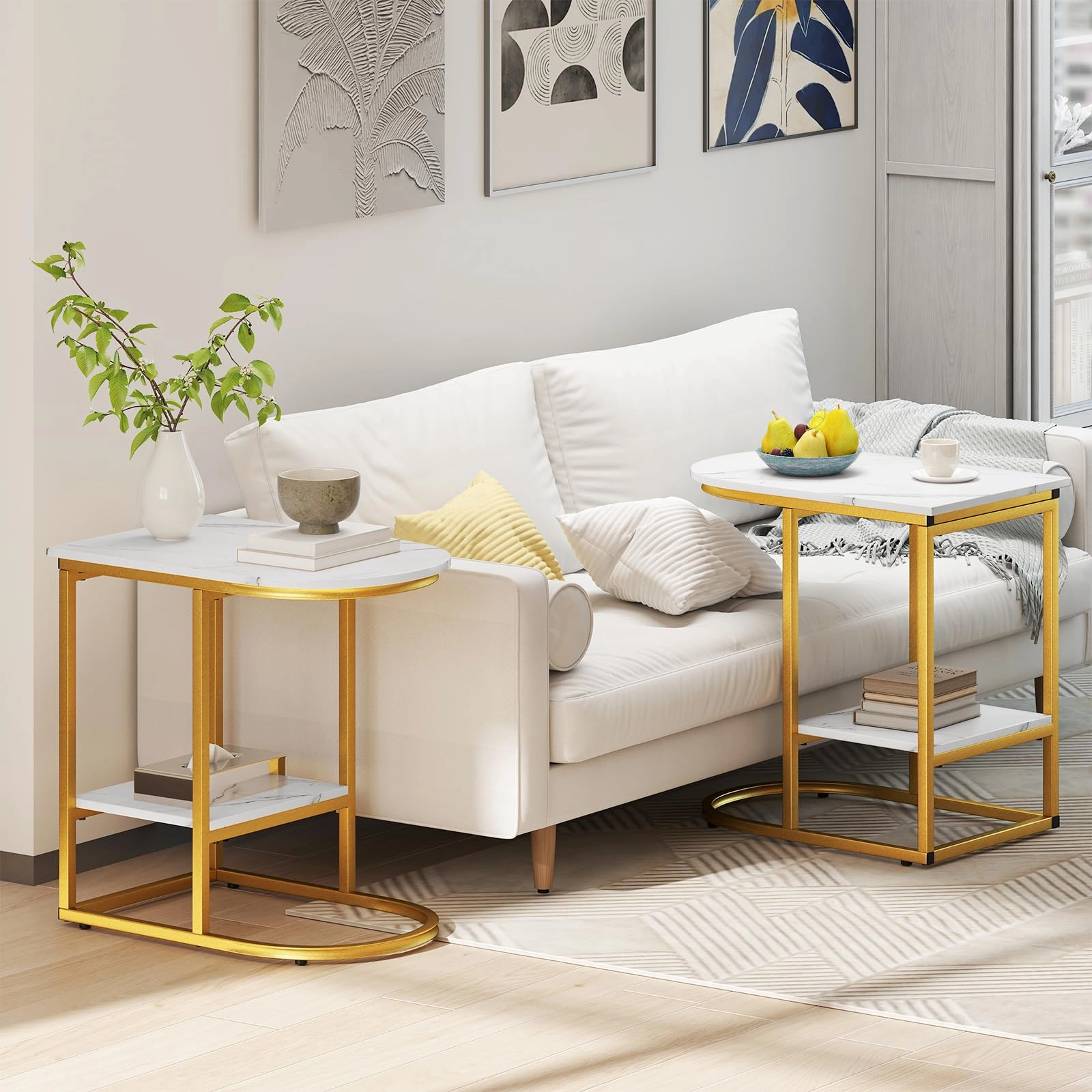 Giantex C Shaped End Table with Faux Marble Tabletop and Storage Shelf