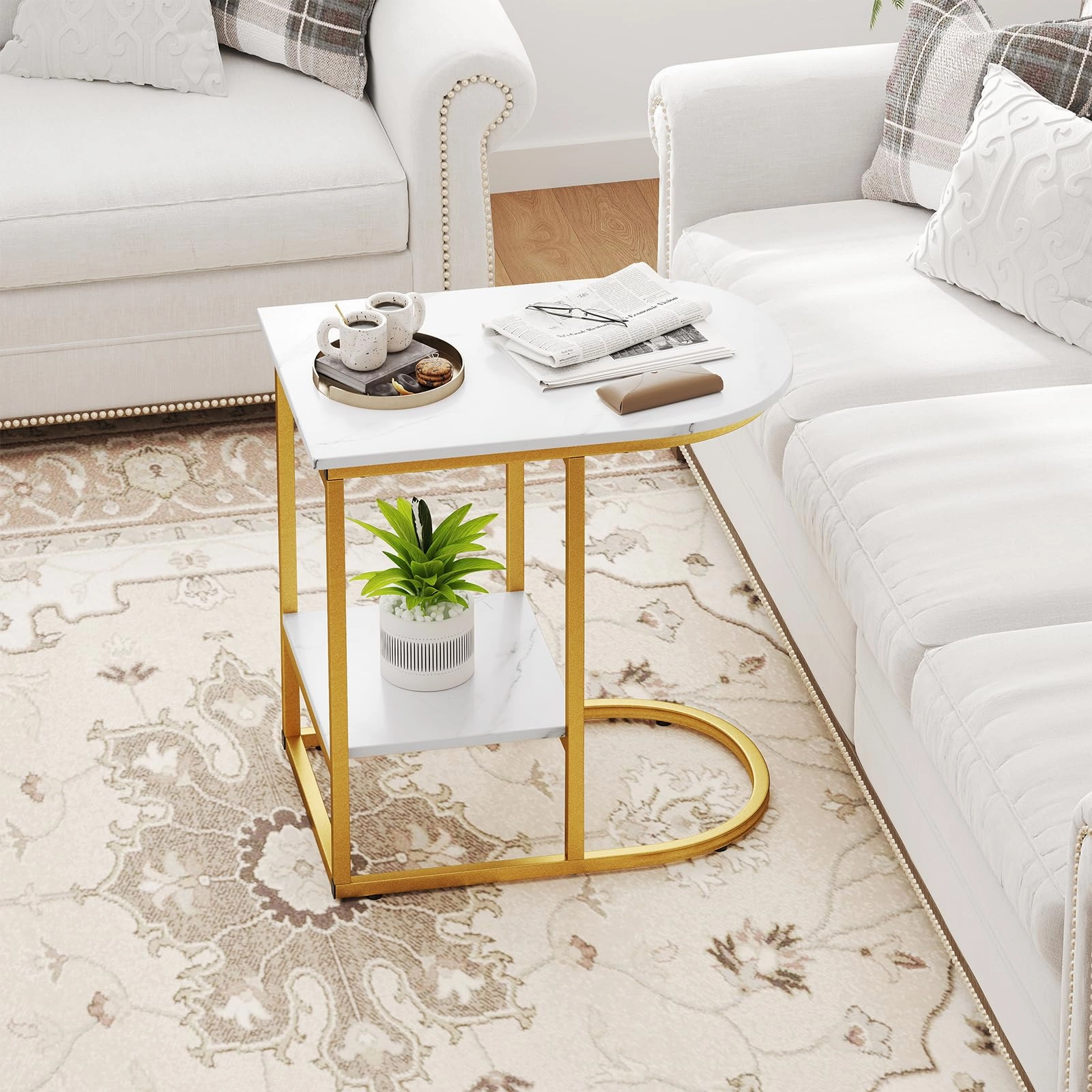 Giantex C Shaped End Table with Faux Marble Tabletop and Storage Shelf