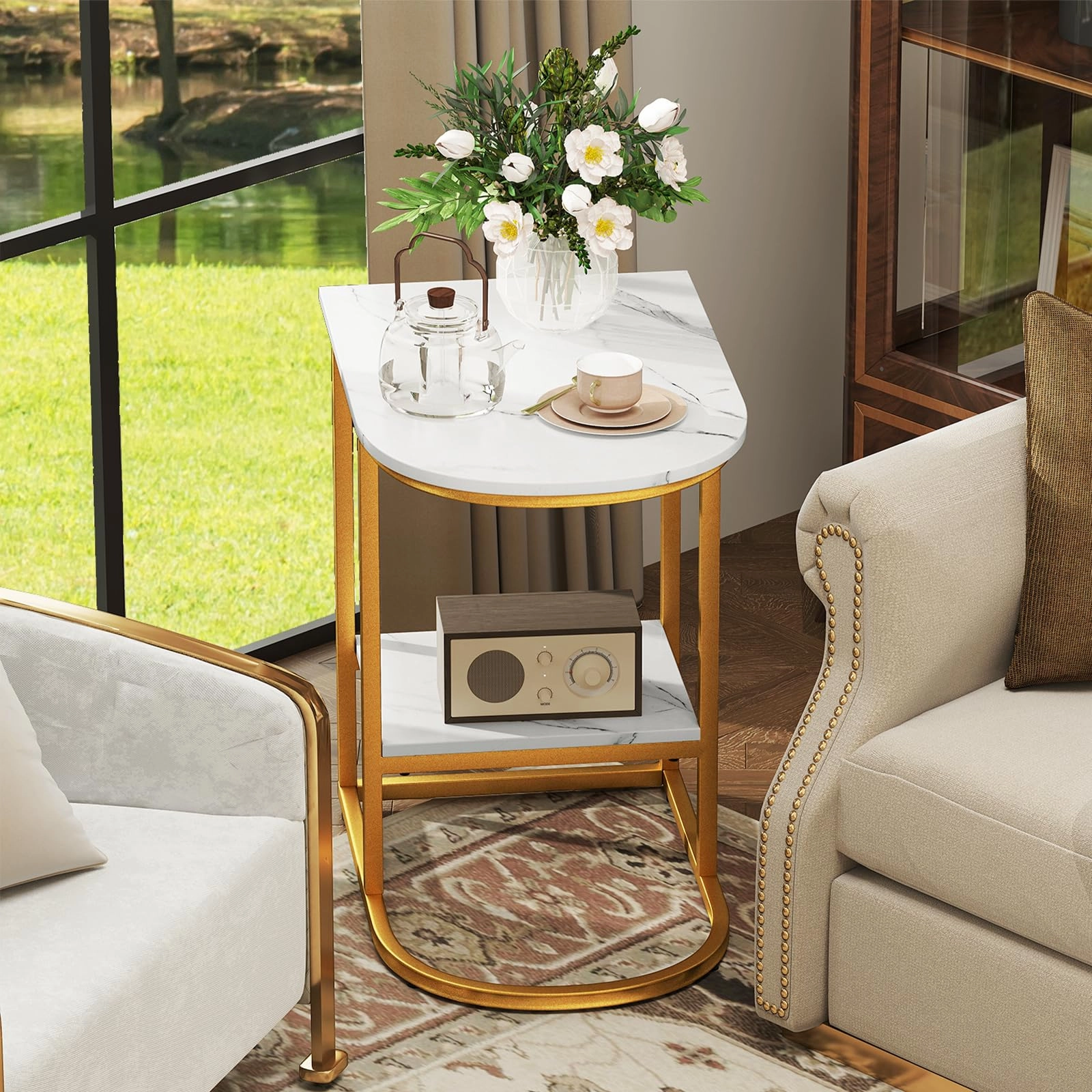 Giantex C Shaped End Table with Faux Marble Tabletop and Storage Shelf
