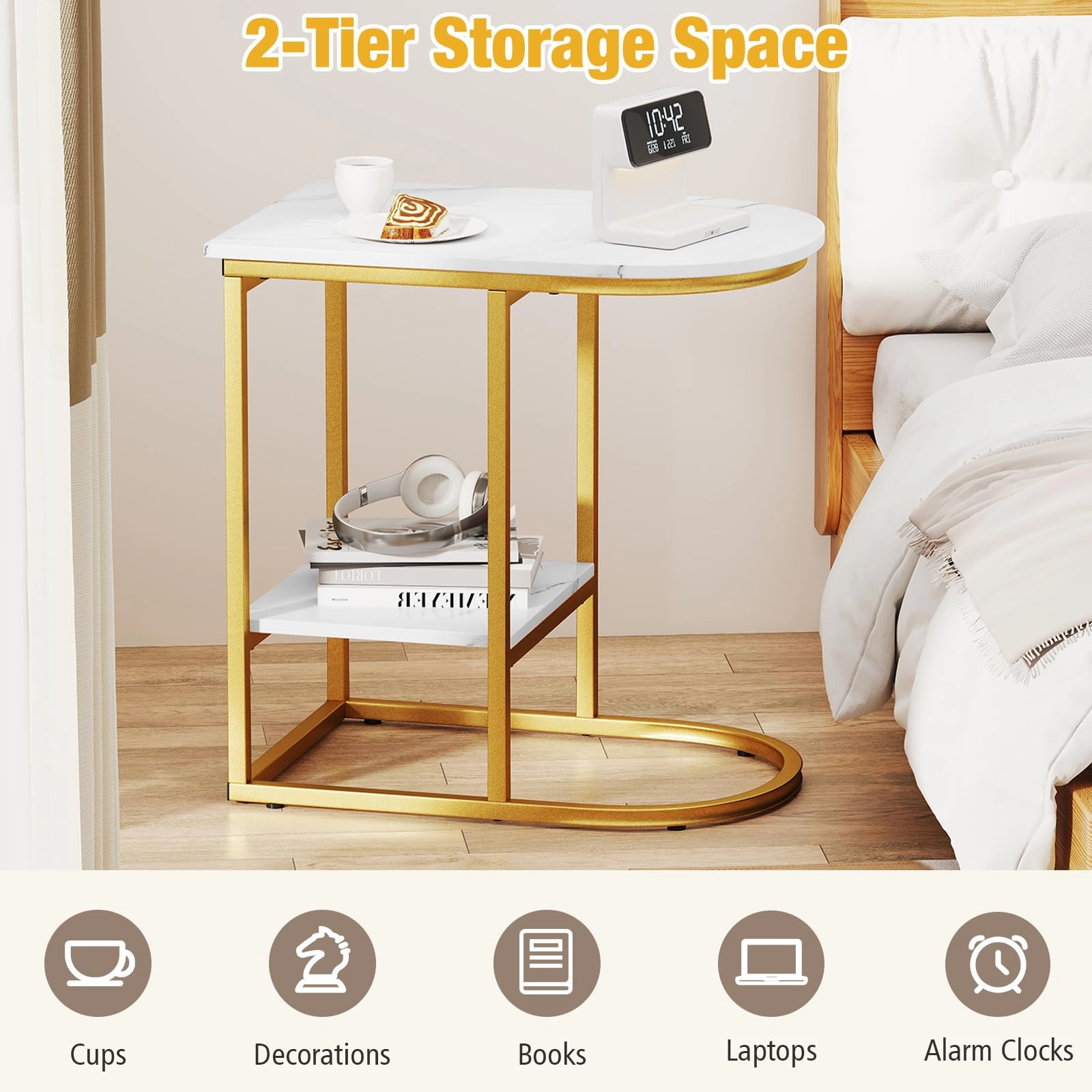 Giantex C Shaped End Table with Faux Marble Tabletop and Storage Shelf