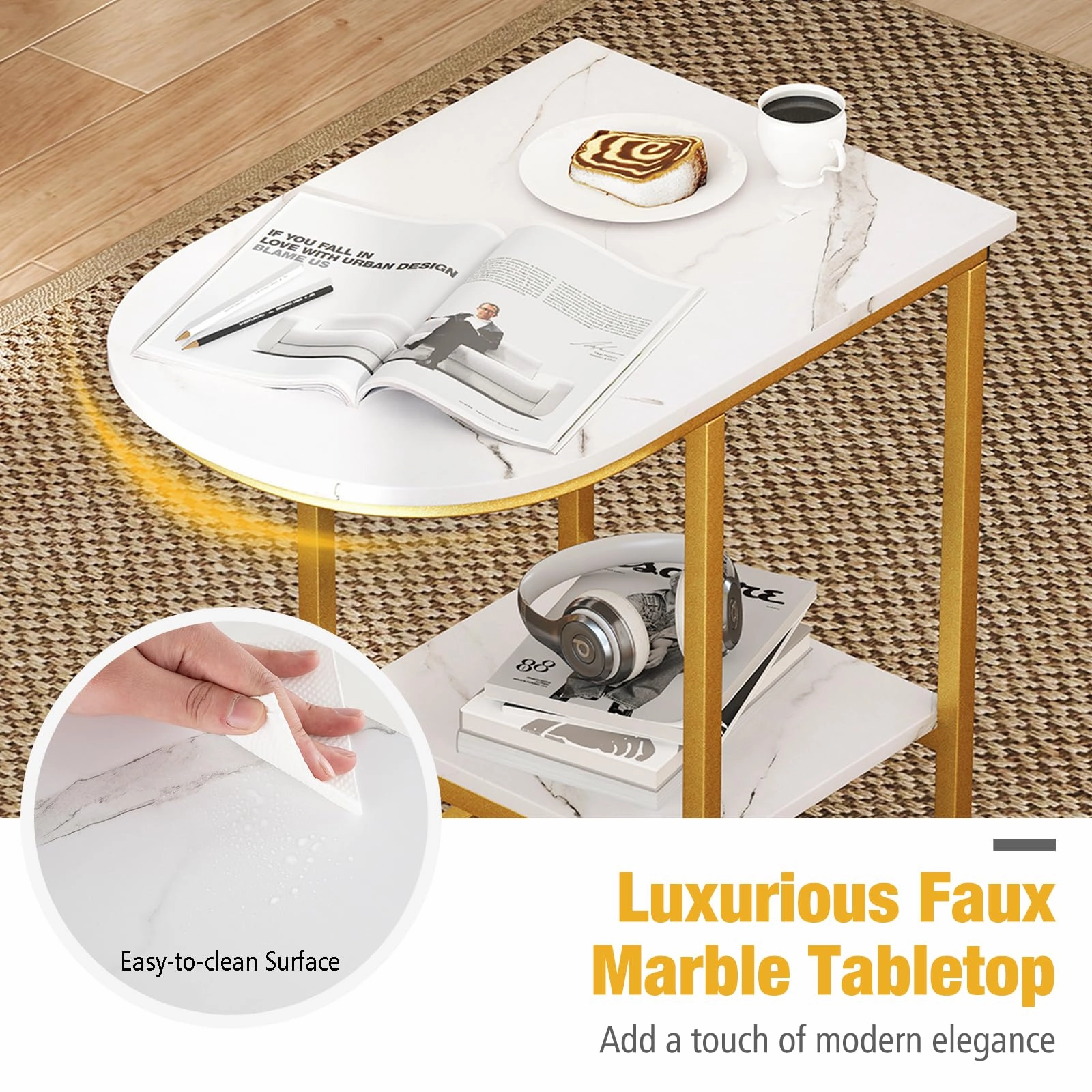 Giantex C Shaped End Table with Faux Marble Tabletop and Storage Shelf