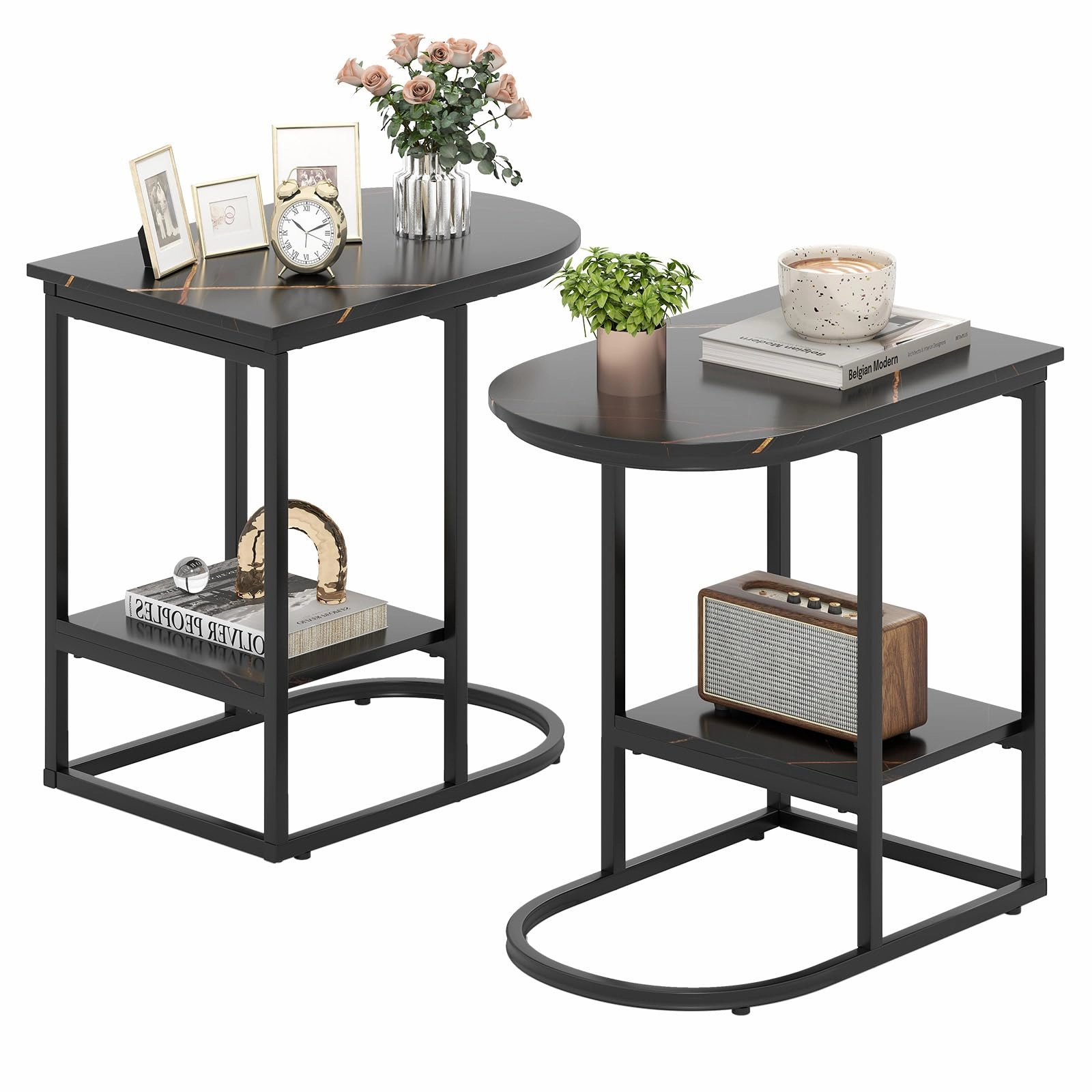 Giantex C Shaped End Table with Faux Marble Tabletop and Storage Shelf