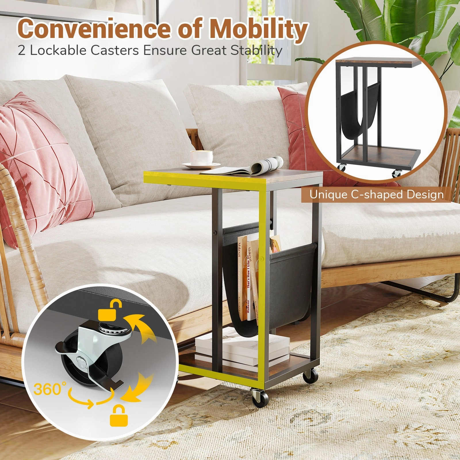 Giantex C Shaped End Table with Rolling Wheels Set of 1/2