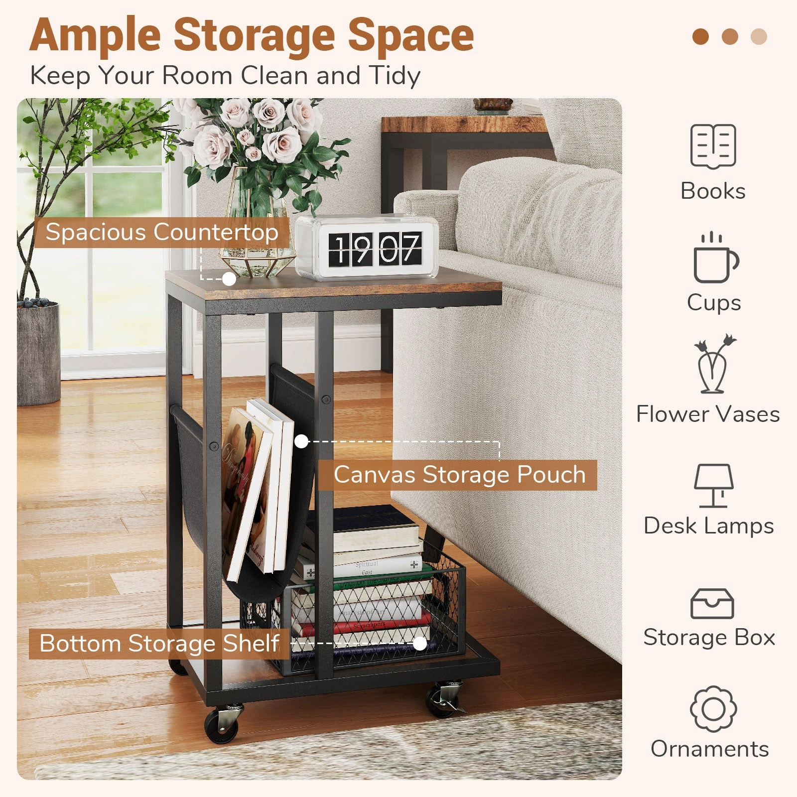 Giantex C Shaped End Table with Rolling Wheels Set of 1/2
