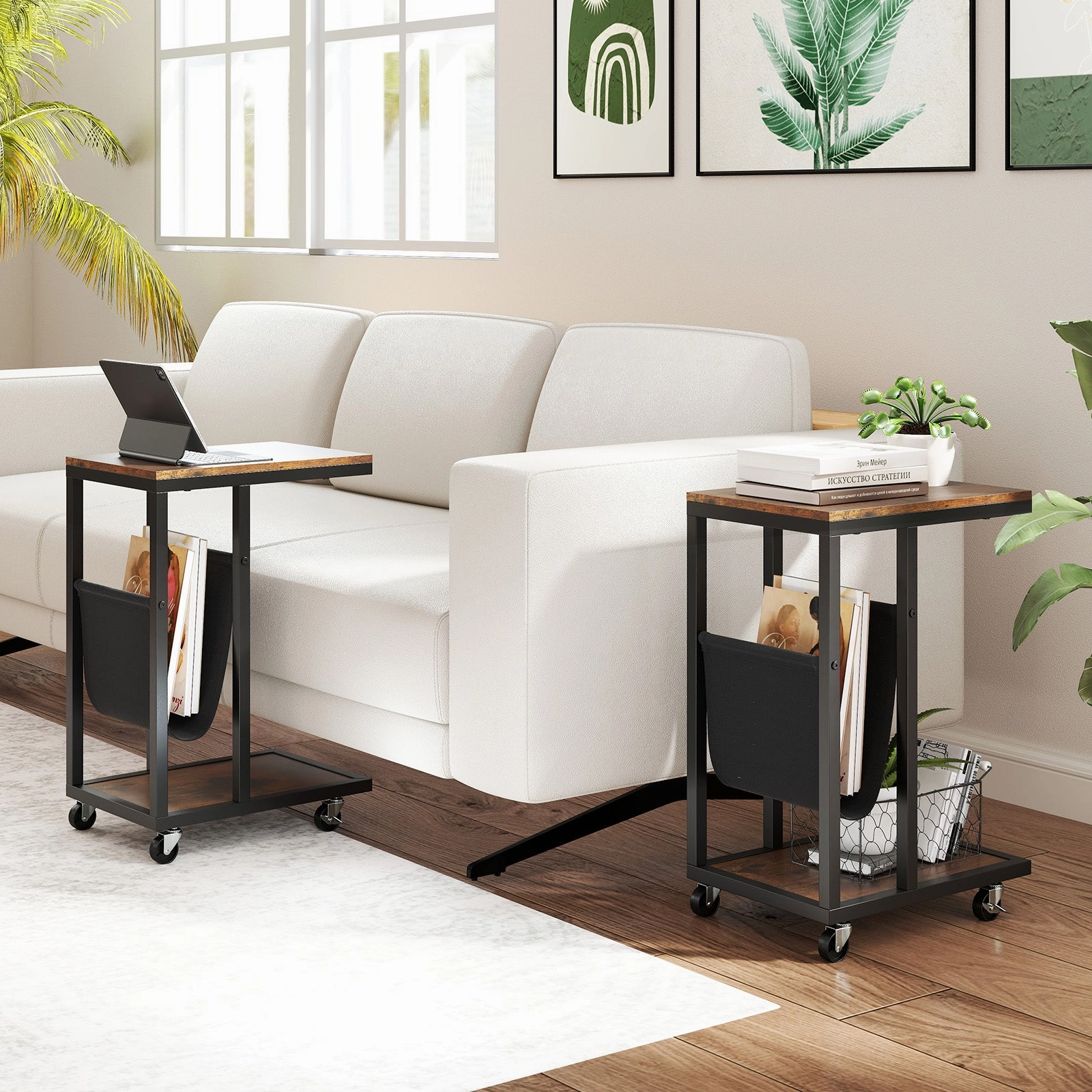 Giantex C Shaped End Table with Rolling Wheels Set of 1/2