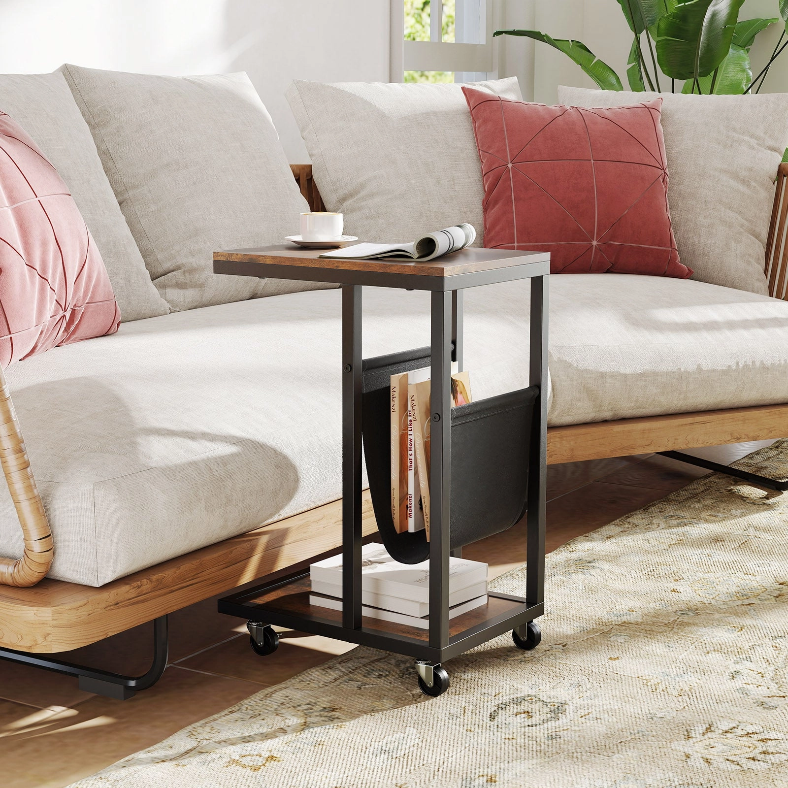 Giantex C Shaped End Table with Rolling Wheels Set of 1/2