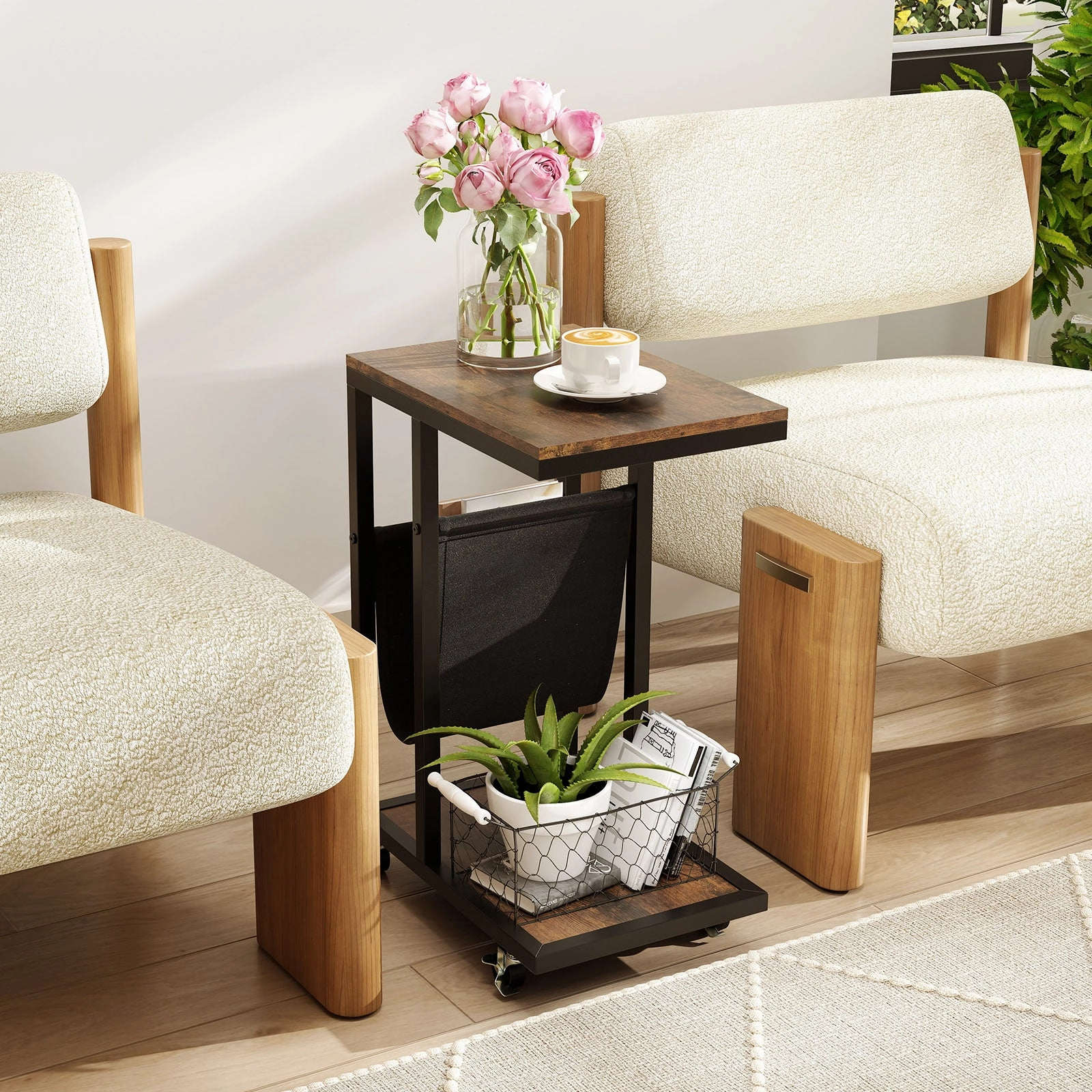 Giantex C Shaped End Table with Rolling Wheels Set of 1/2