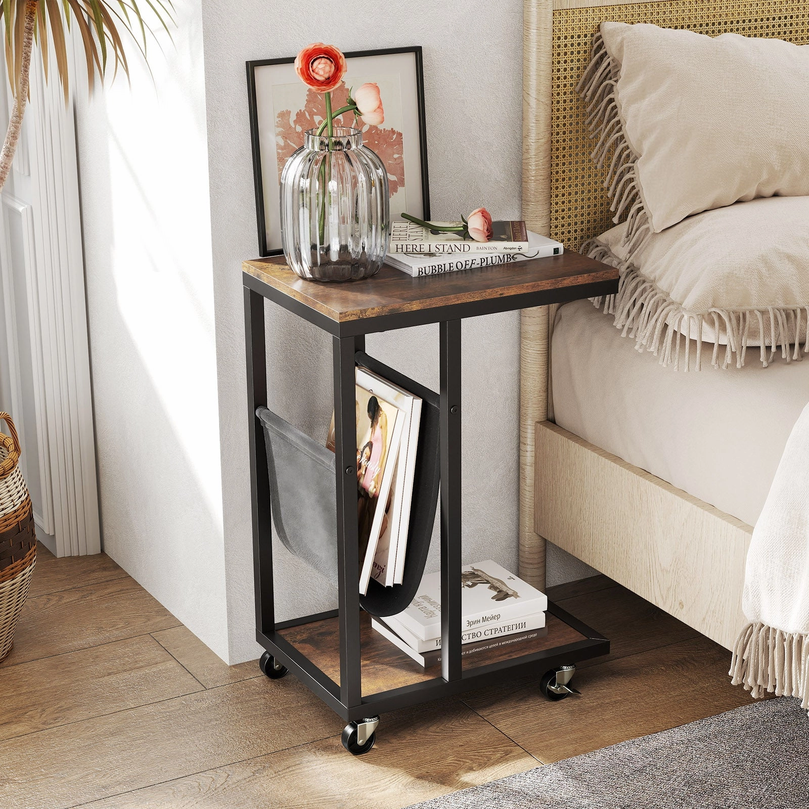 Giantex C Shaped End Table with Rolling Wheels Set of 1/2