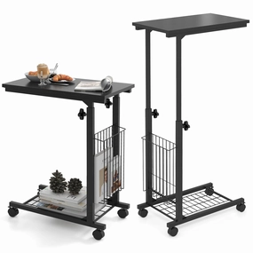 Giantex C Shaped End Table with Wheels, Height Adjustable Mobile Couch Snack Side Table with Storage Shelf entry bench, mudroom storage