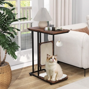 Giantex Cat Scratcher Side Table, C-Shaped End Table with Cat Scratching Board entry bench, mudroom storage