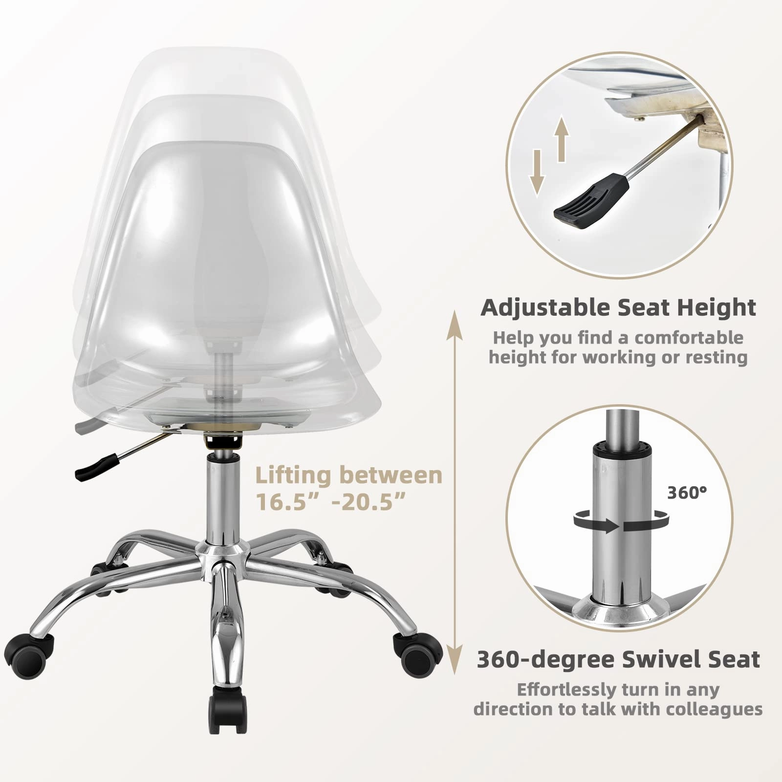 Giantex Clear Desk Chair, Acrylic Armless Office Rolling Chair, Height Adjustable Leisure Ghost Chair
