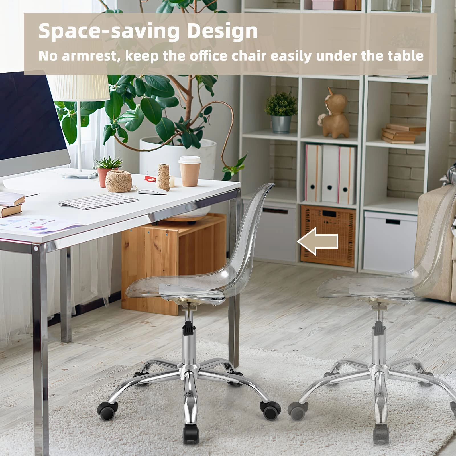 Giantex Clear Desk Chair, Acrylic Armless Office Rolling Chair, Height Adjustable Leisure Ghost Chair