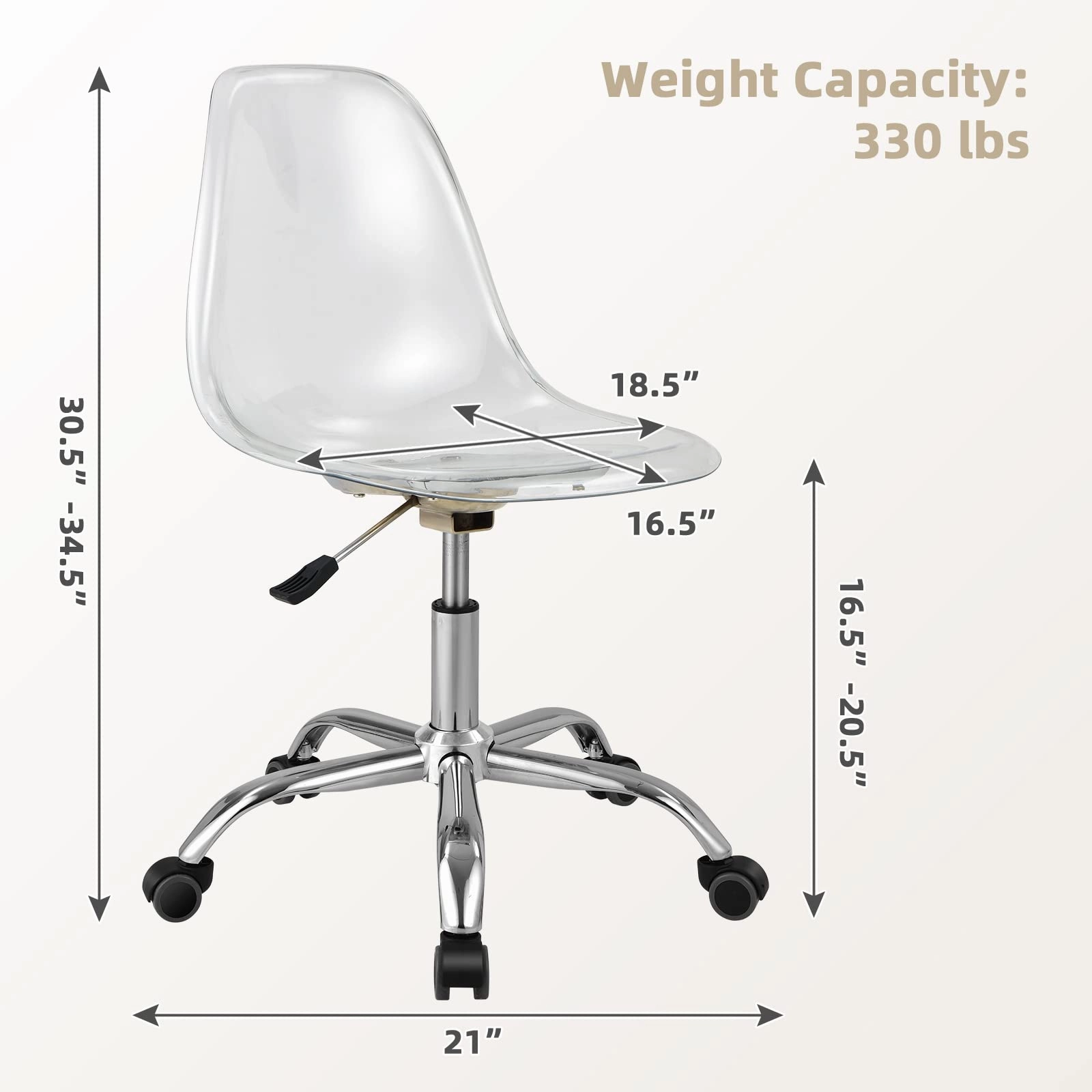 Giantex Clear Desk Chair, Acrylic Armless Office Rolling Chair, Height Adjustable Leisure Ghost Chair
