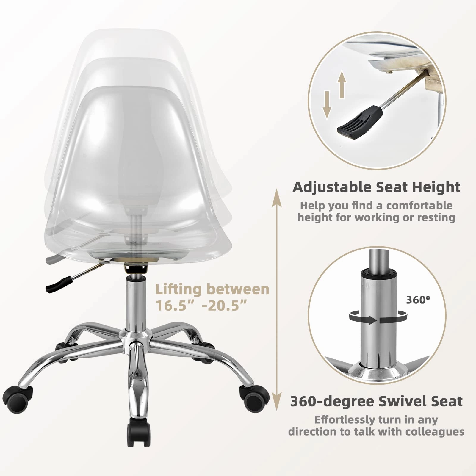 Giantex Clear Desk Chair, Acrylic Armless Office Rolling Chair, Height Adjustable Leisure Ghost Chair