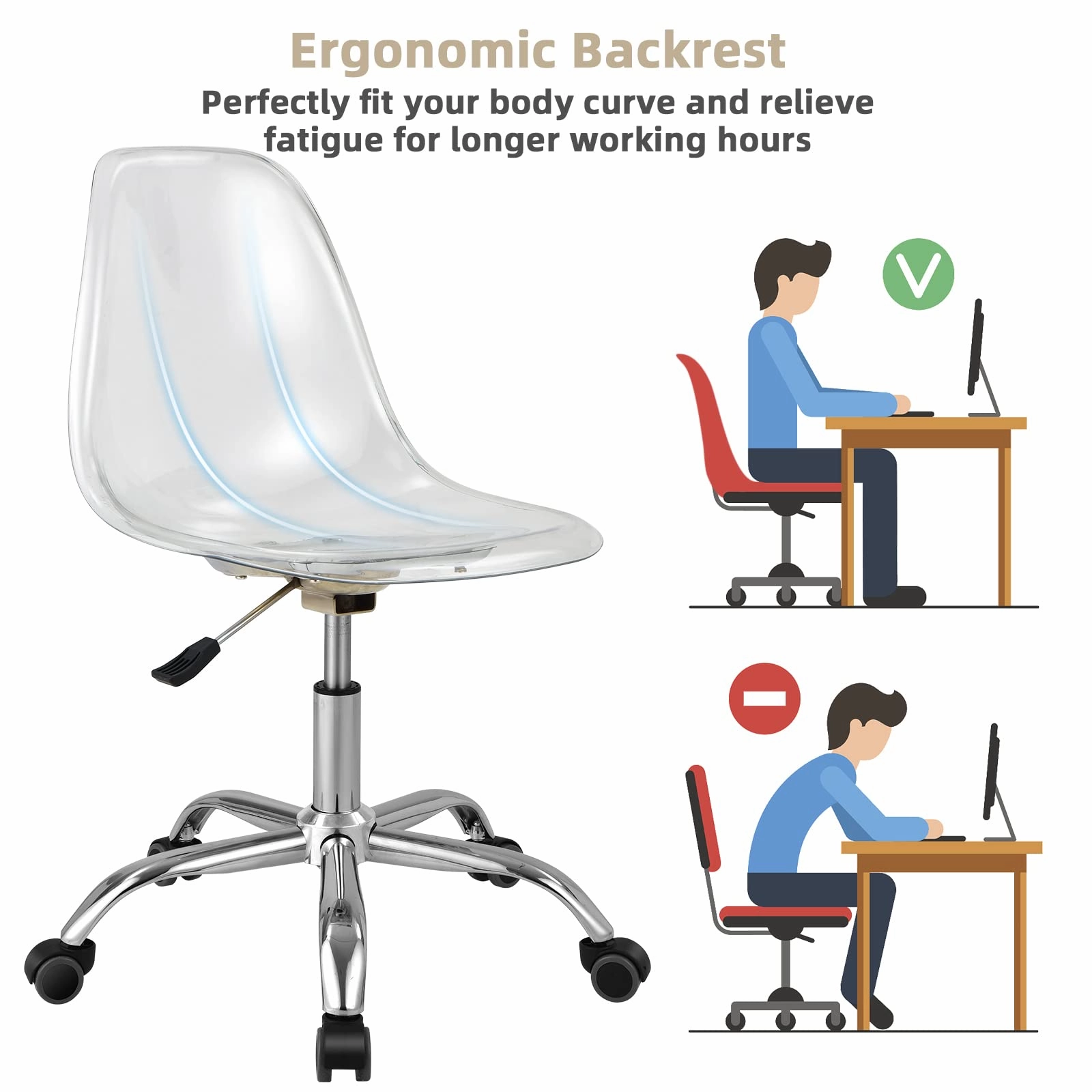 Giantex Clear Desk Chair, Acrylic Armless Office Rolling Chair, Height Adjustable Leisure Ghost Chair