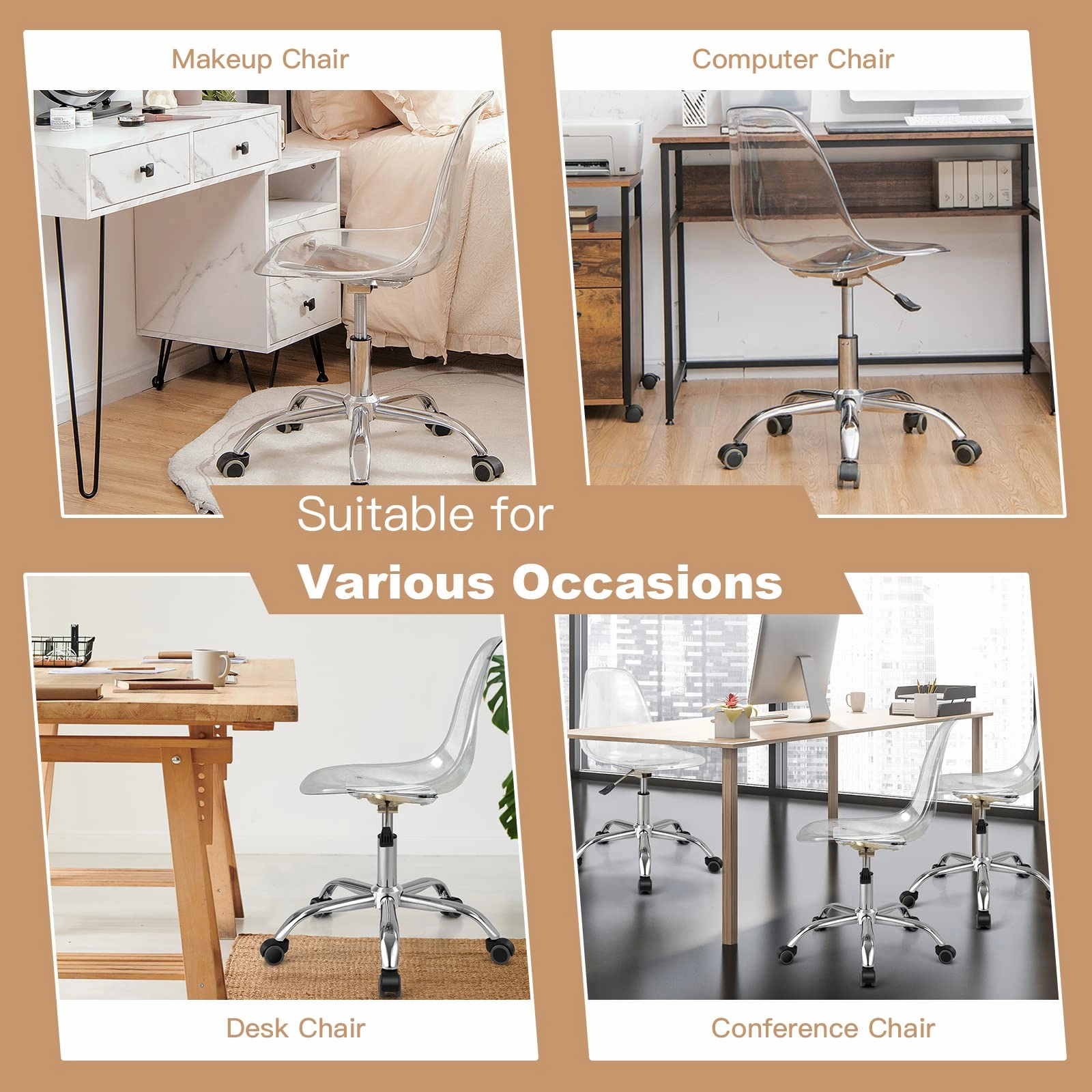 Giantex Clear Desk Chair, Acrylic Armless Office Rolling Chair, Height Adjustable Leisure Ghost Chair