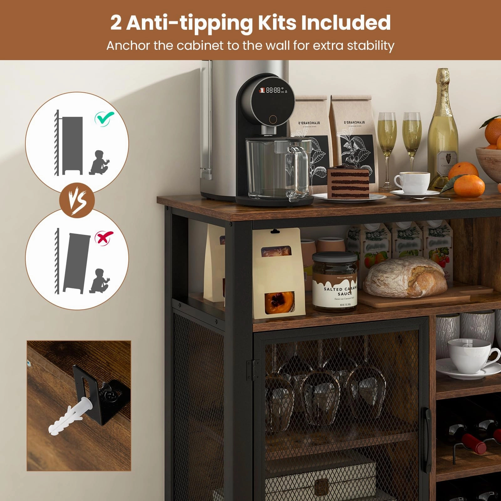 Giantex Coffee Bar Cabinet for Liquor and Glasses, 55 Buffet Sideboard with 8-Bottle Wine Racks, 6 Rows of Wine Glass Holders