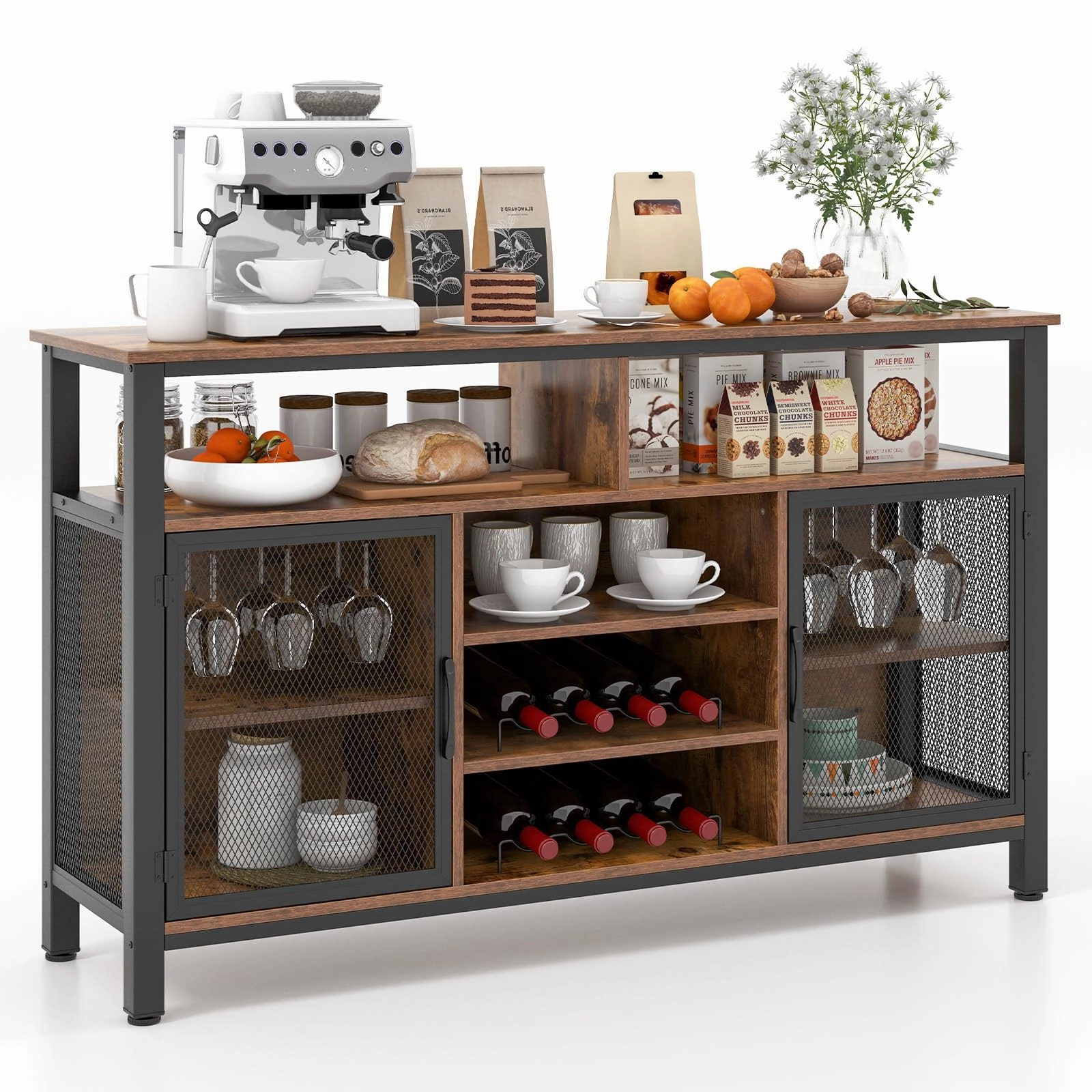 Giantex Coffee Bar Cabinet for Liquor and Glasses, 55 Buffet Sideboard with 8-Bottle Wine Racks, 6 Rows of Wine Glass Holders kitchen towel, placemats