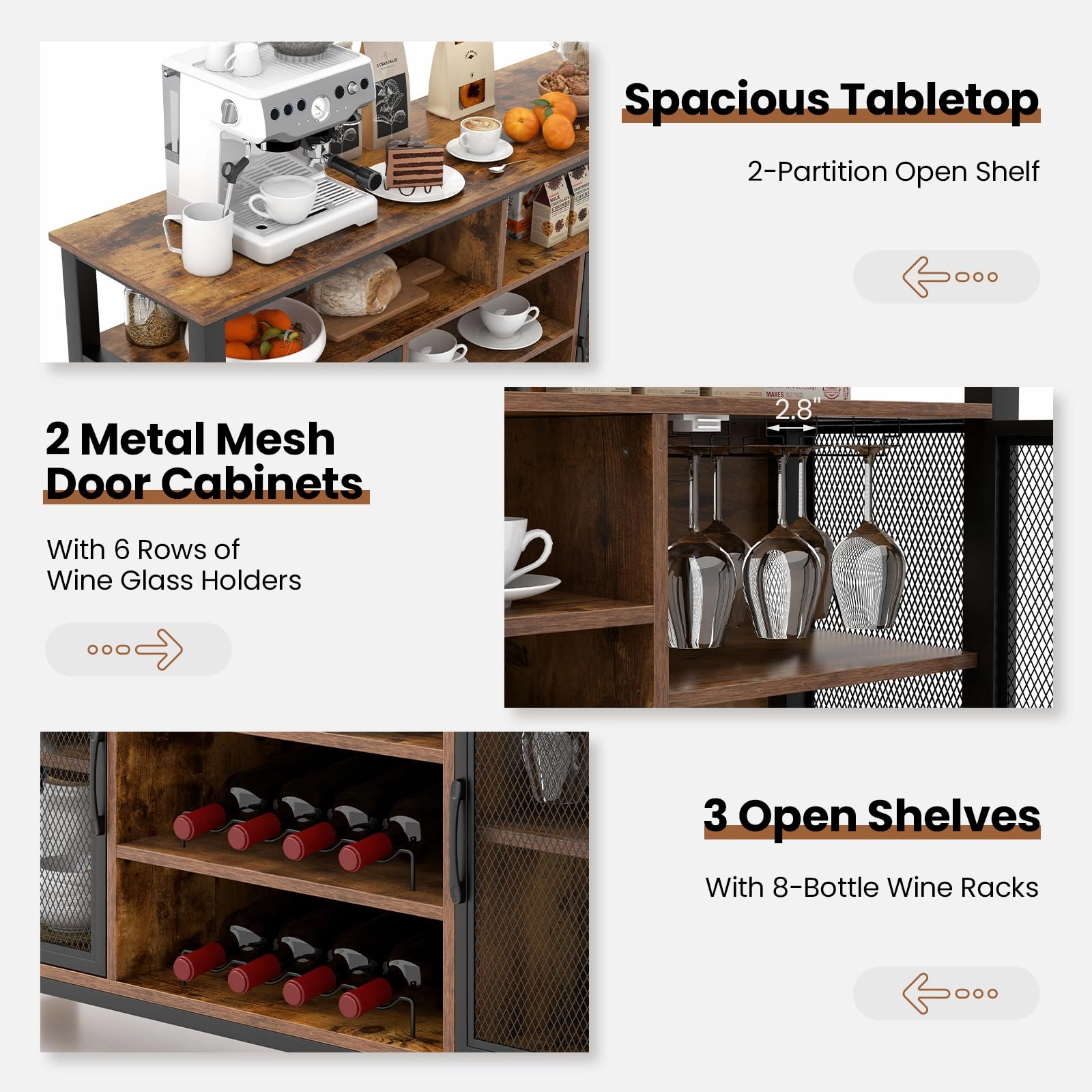 Giantex Coffee Bar Cabinet for Liquor and Glasses, 55 Buffet Sideboard with 8-Bottle Wine Racks, 6 Rows of Wine Glass Holders