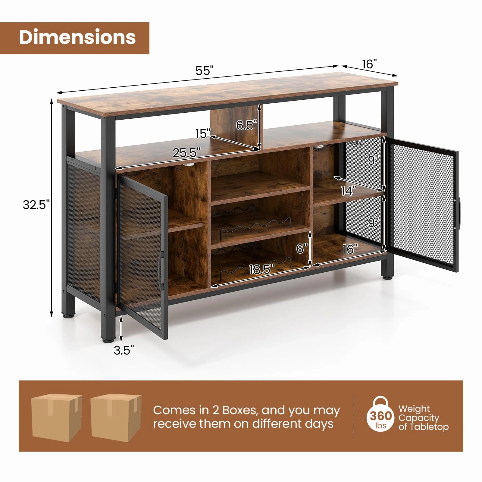 Giantex Coffee Bar Cabinet for Liquor and Glasses, 55 Buffet Sideboard with 8-Bottle Wine Racks, 6 Rows of Wine Glass Holders
