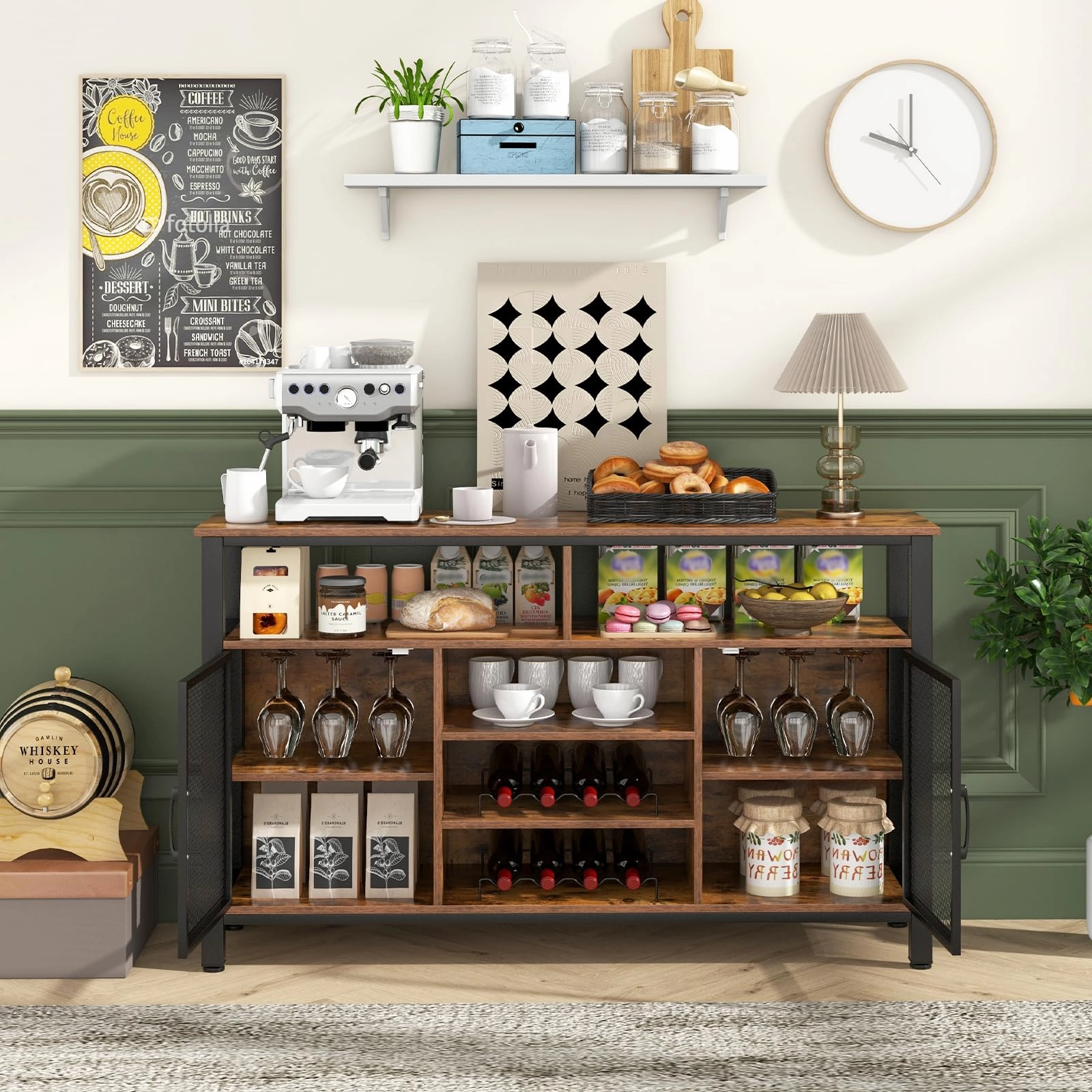 Giantex Coffee Bar Cabinet for Liquor and Glasses, 55 Buffet Sideboard with 8-Bottle Wine Racks, 6 Rows of Wine Glass Holders