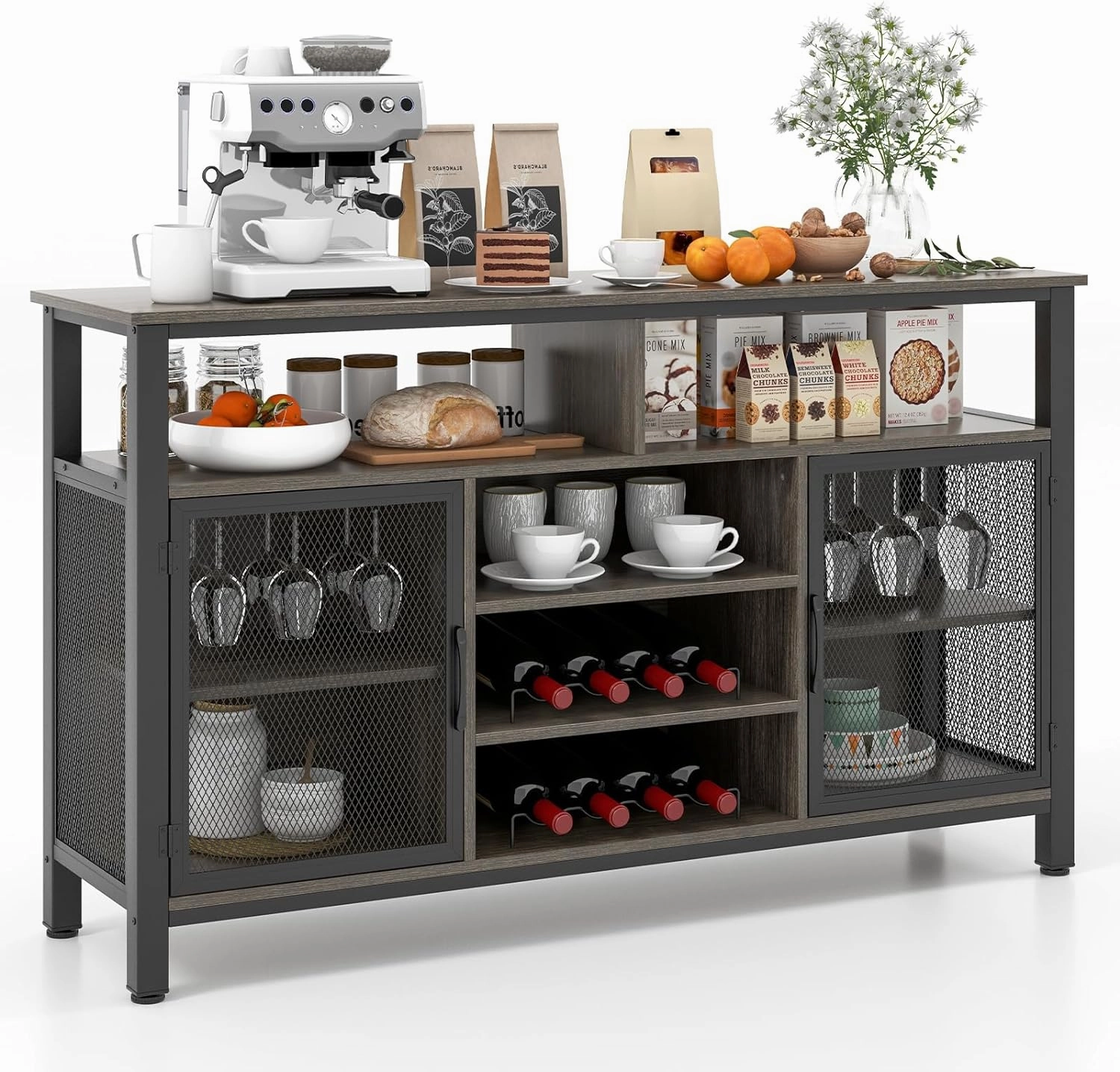 Giantex Coffee Bar Cabinet for Liquor and Glasses, 55 Buffet Sideboard with 8-Bottle Wine Racks, 6 Rows of Wine Glass Holders