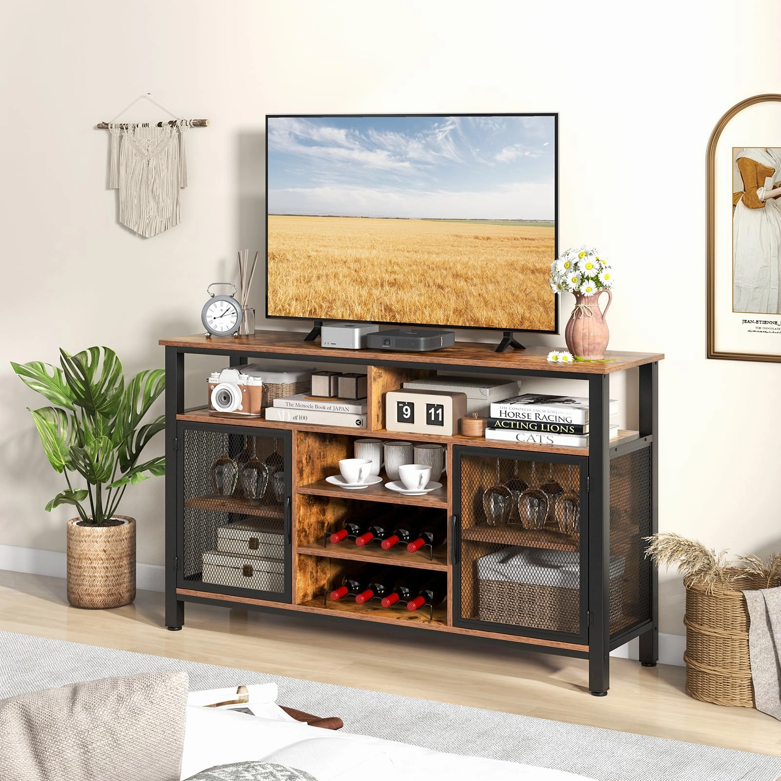 Giantex Coffee Bar Cabinet for Liquor and Glasses, 55 Buffet Sideboard with 8-Bottle Wine Racks, 6 Rows of Wine Glass Holders