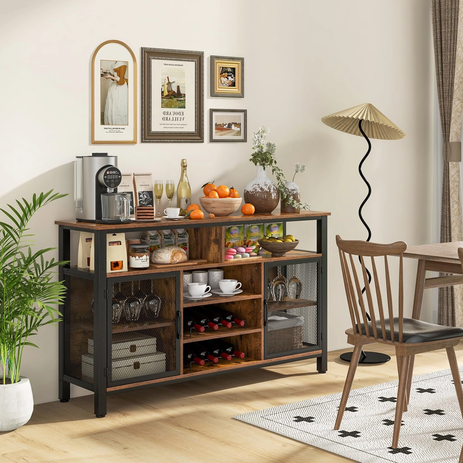 Giantex Coffee Bar Cabinet for Liquor and Glasses, 55 Buffet Sideboard with 8-Bottle Wine Racks, 6 Rows of Wine Glass Holders