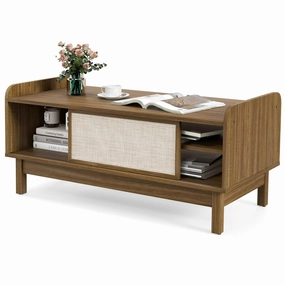 Giantex Coffee Table with Storage and Sliding Doors, Mid-Century Modern Coffee Table with Adjustable & Removable Shelf console table, hallway table