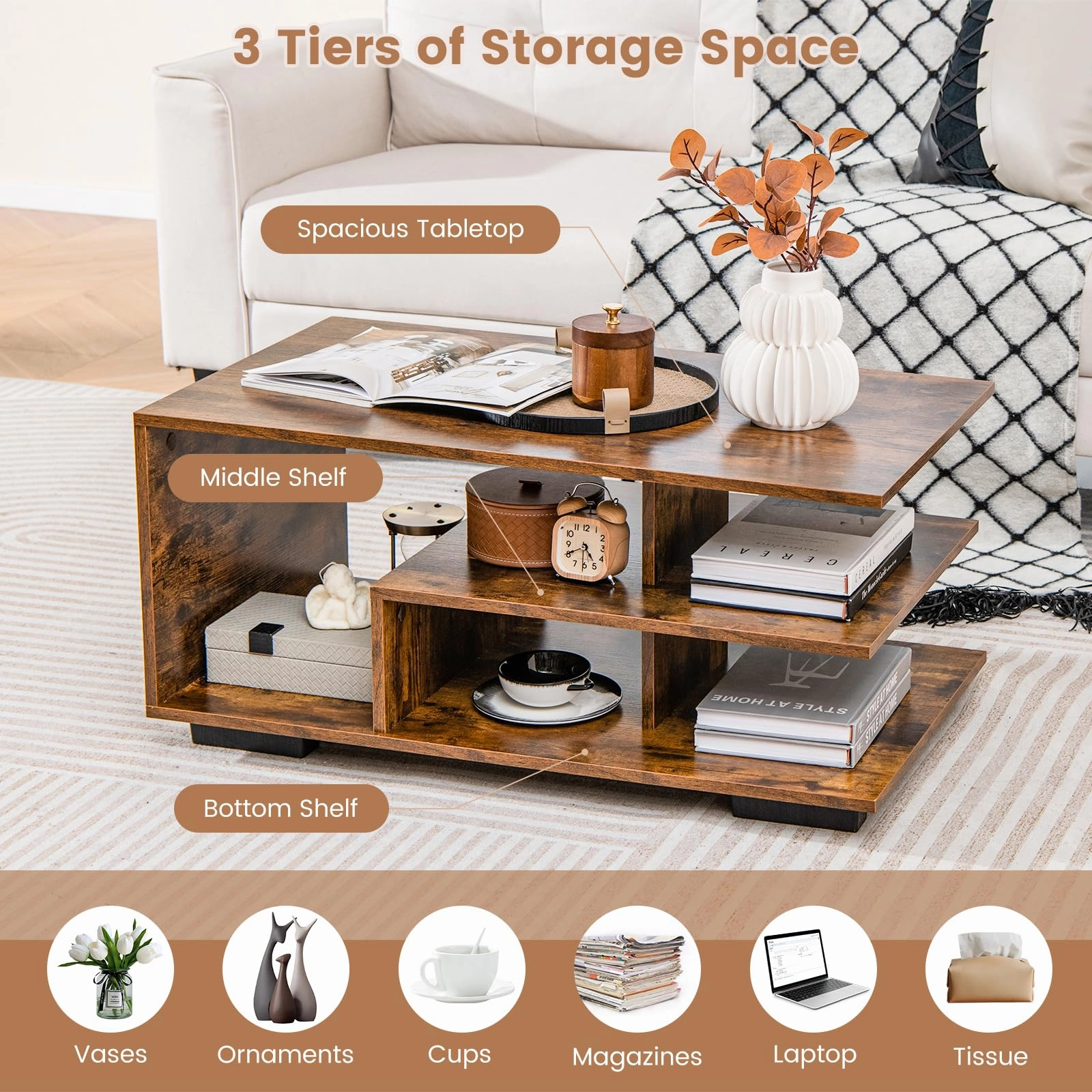 Giantex Coffee Table with Storage, Modern Rectangular Accent Table with L-shaped Middle Shelf