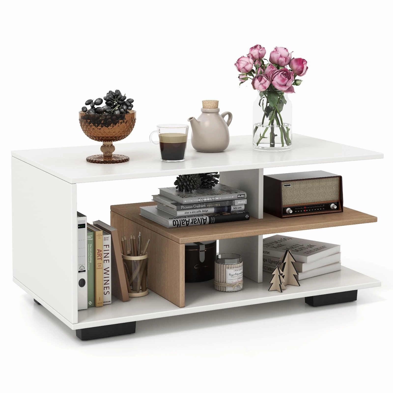 Giantex Coffee Table with Storage, Modern Rectangular Accent Table with L-shaped Middle Shelf