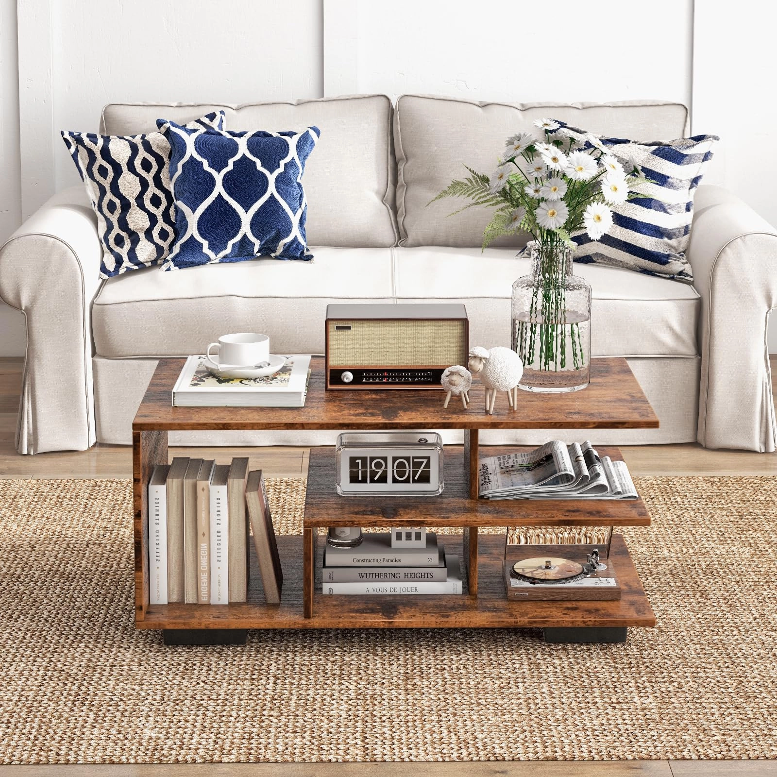 Giantex Coffee Table with Storage, Modern Rectangular Accent Table with L-shaped Middle Shelf