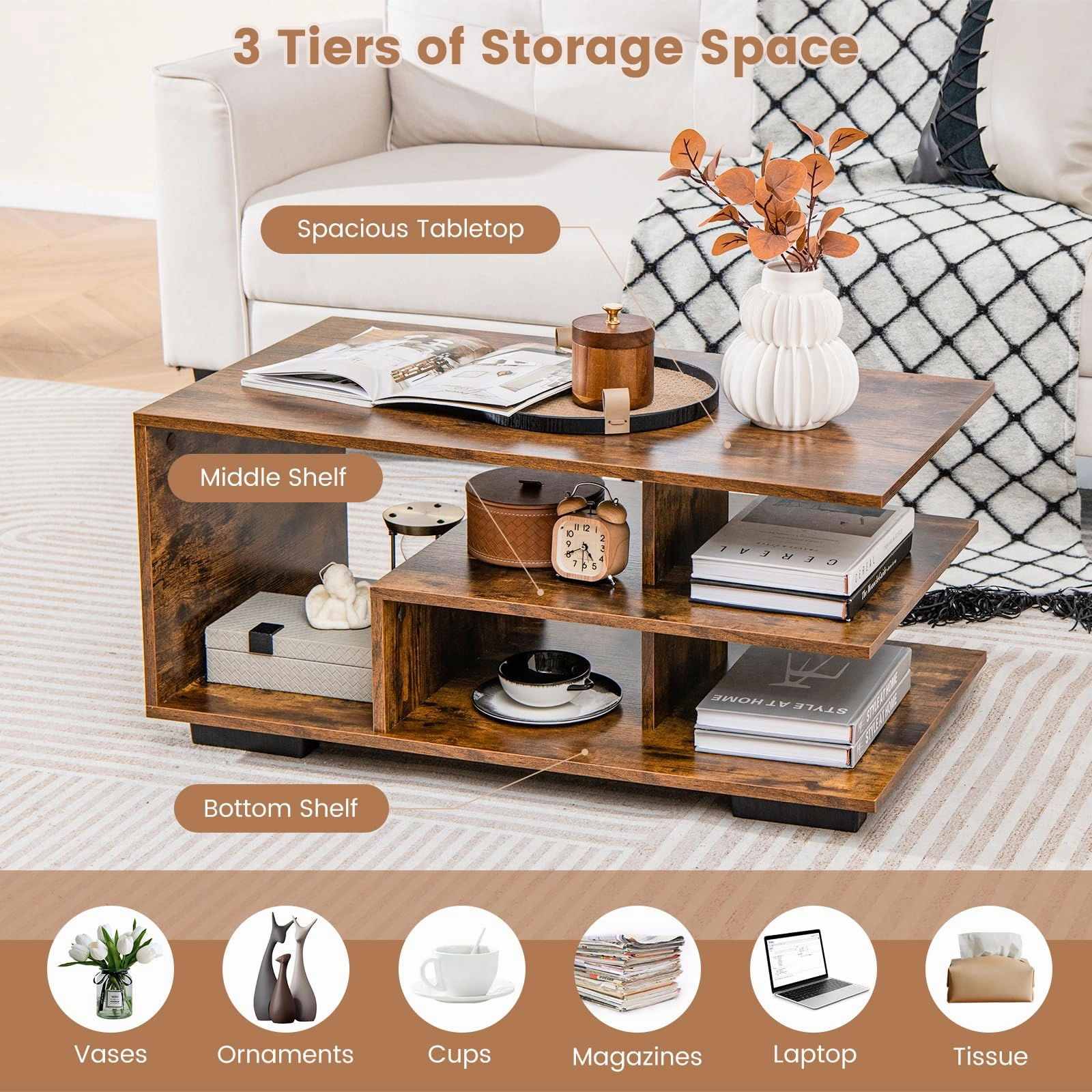 Giantex Coffee Table with Storage, Modern Rectangular Accent Table with L-shaped Middle Shelf